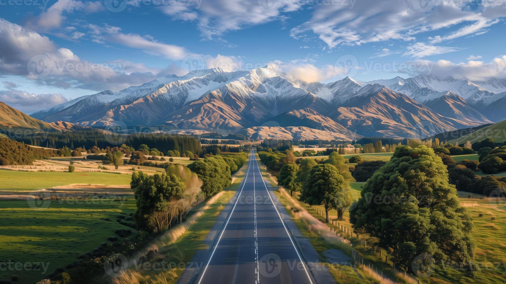 Winter road landscape with a view of snow-capped mountains surrounded by a pine forest photo