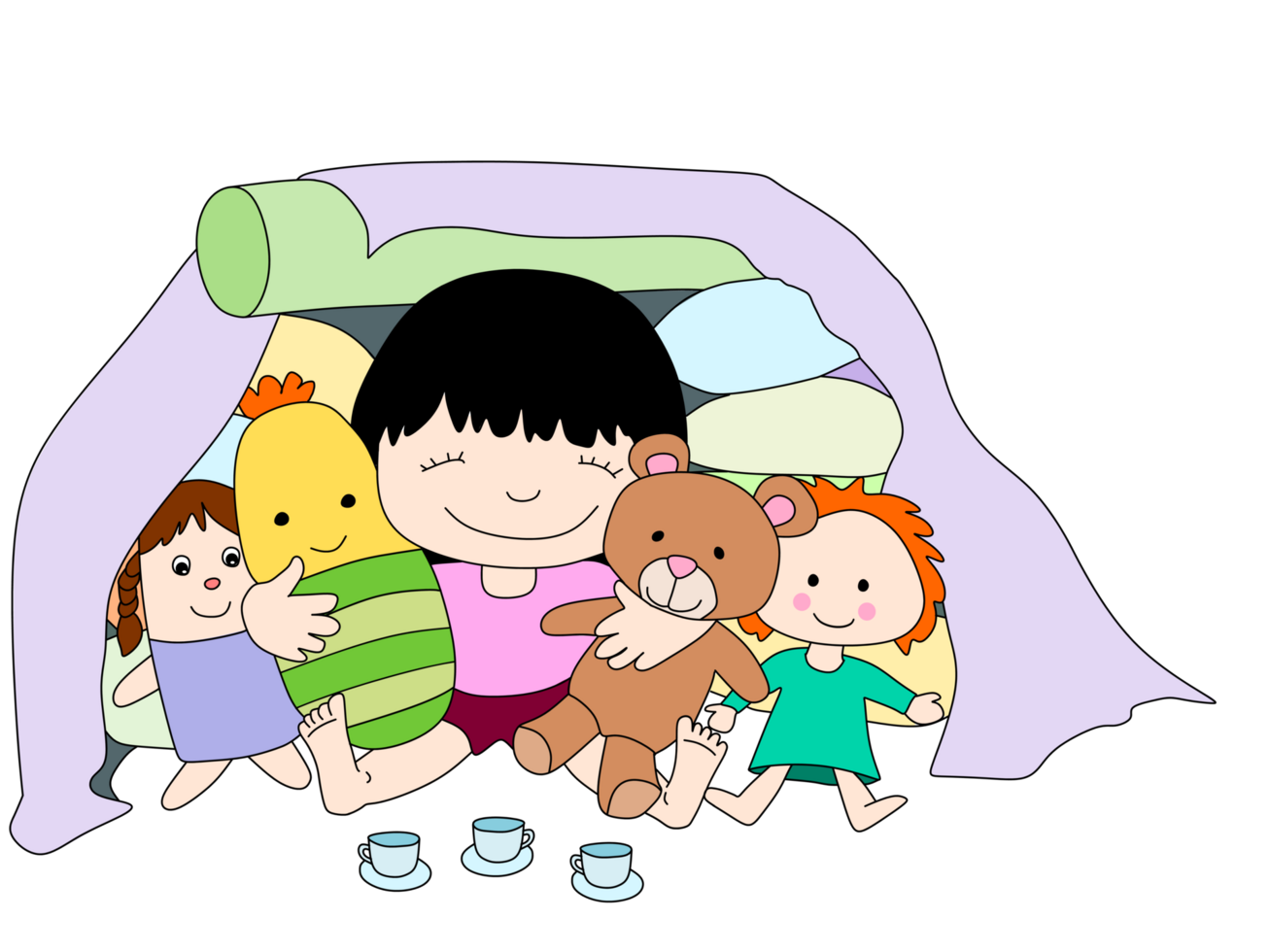 Girl playing with toy under blanket fort png