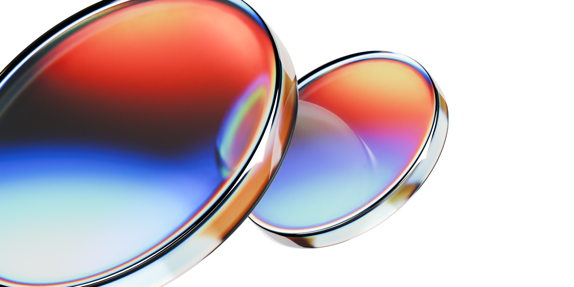 3d glass abstract Two iridescent round objects with a metallic rim. Perfect for technology concepts, abstract backgrounds, design elements, or futuristic themes. png