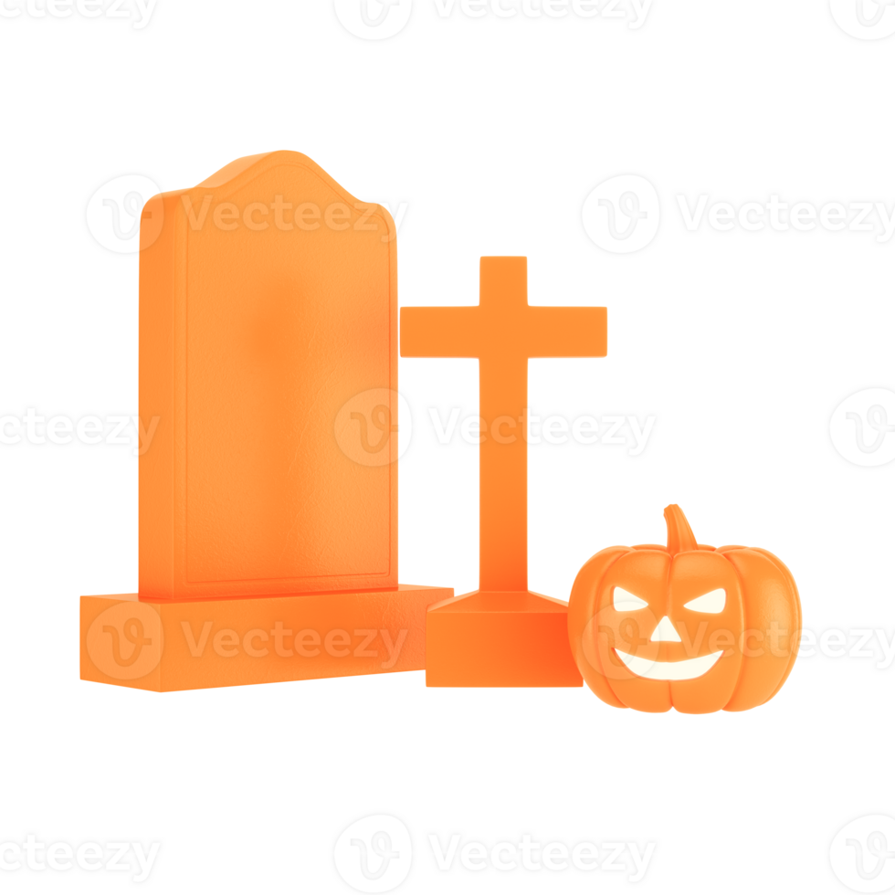 Glowing jack-o'-lantern pumpkin placed beside a tombstone and cross isolated on transparent background png