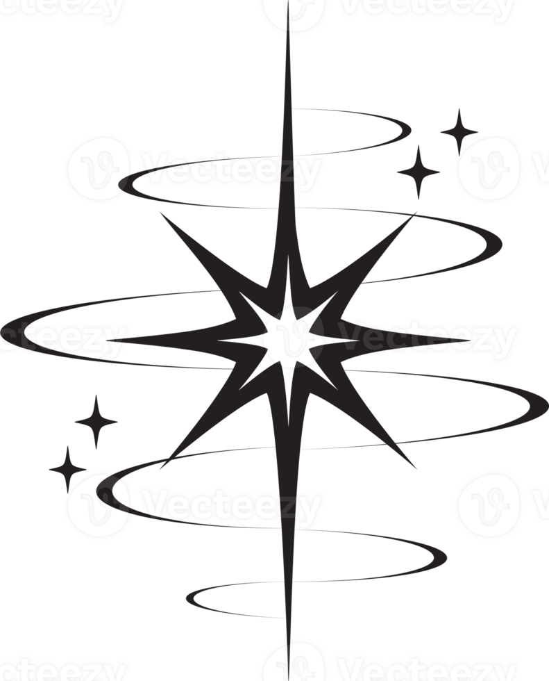 Line icon of star. Y2k shiny element. Sparkles and glitter symbol. Retro graphic of minimal figure. Magic black twinkles sun and moon with cosmic orbits png