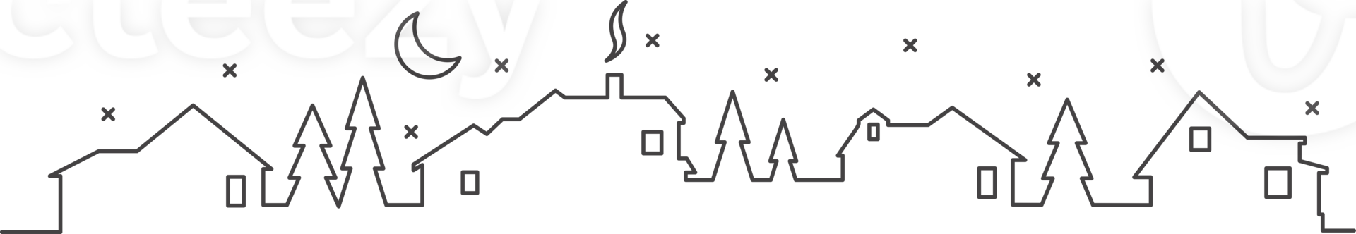 Town and village houses on skyline. Silhouette line of small buildings in neighborhood. Christmas rural simple drawing. Winter country landscape with trees in night png