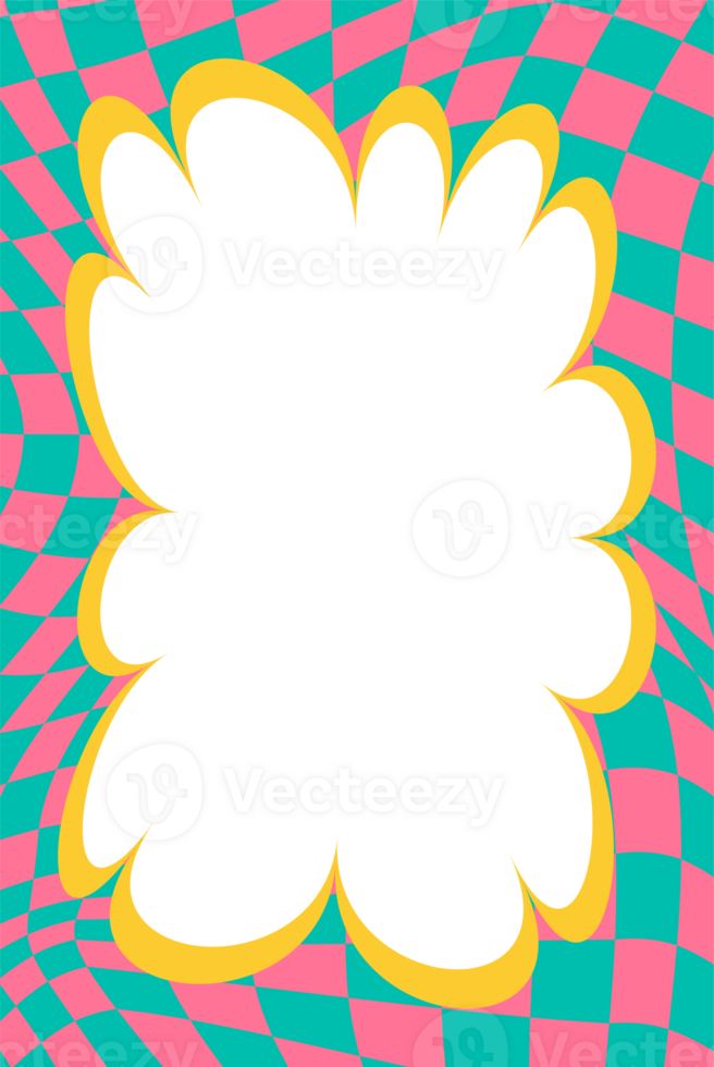Wavy scallop border. Rectangle fun wavy chessboard frame. Cartoon hand drawn shapes for text picture and photo. Doodle groovy psychedelic template. Abstract funky y2k squiggle checkered bubble png