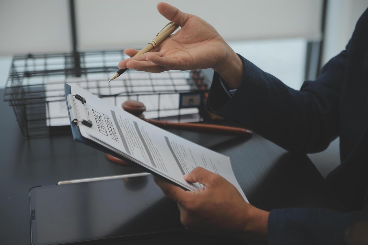 Law theme, gavel or mallet of the judge, lawyer enforcement officers, evidence-based cases taken into account in the court abount business, legislation. photo