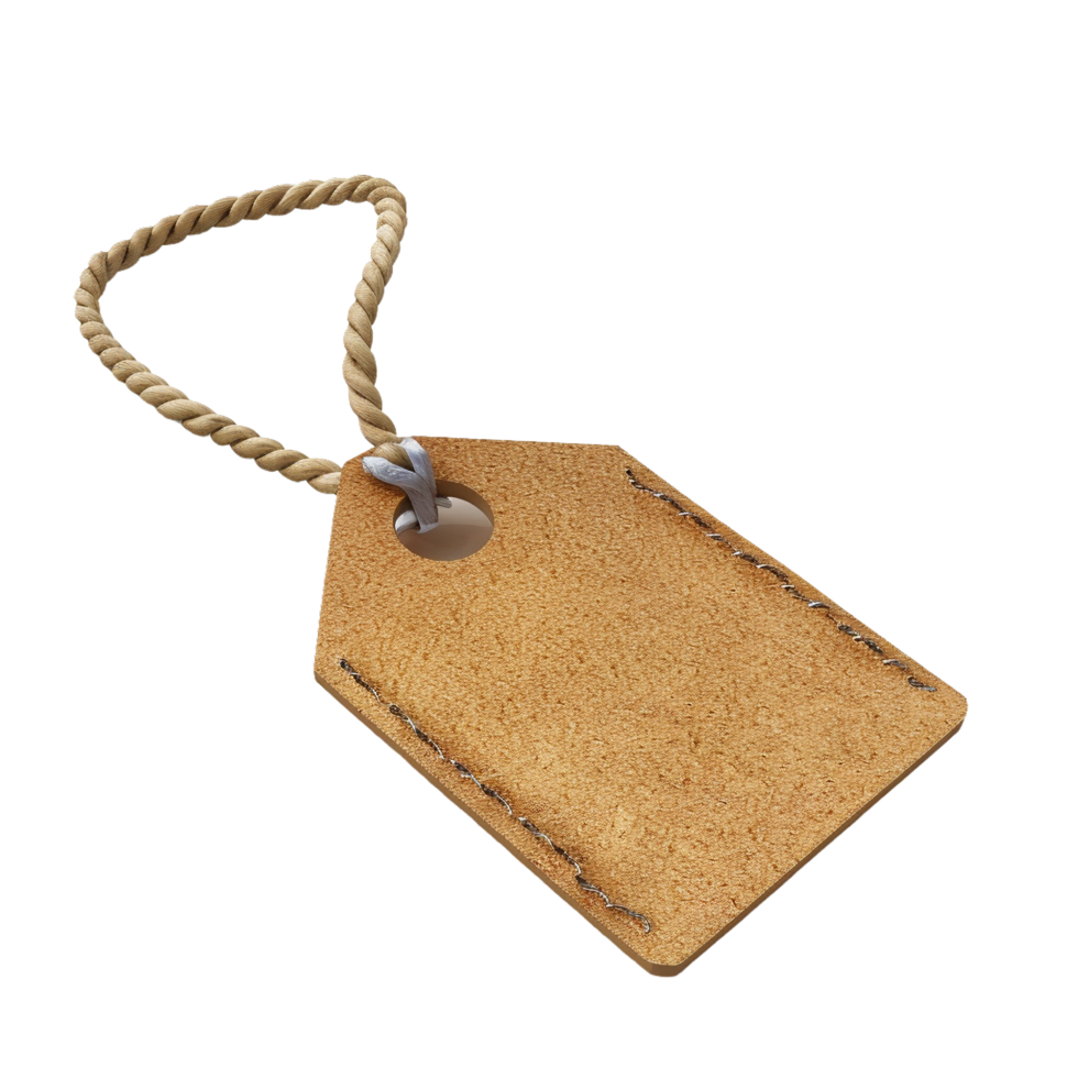 Blank leather price tag with hemp rope isolated on transparent background png