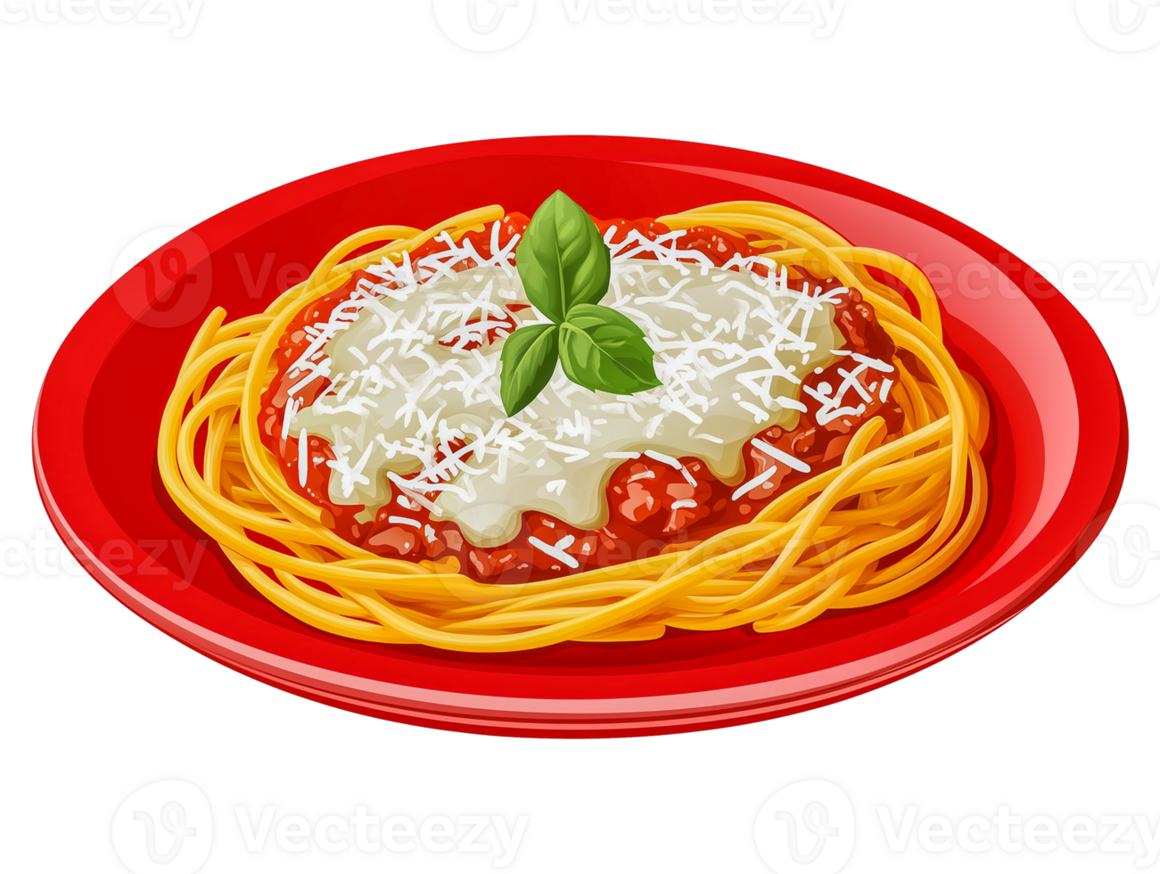 Spaghetti with meat sauce and basil on a red plate png