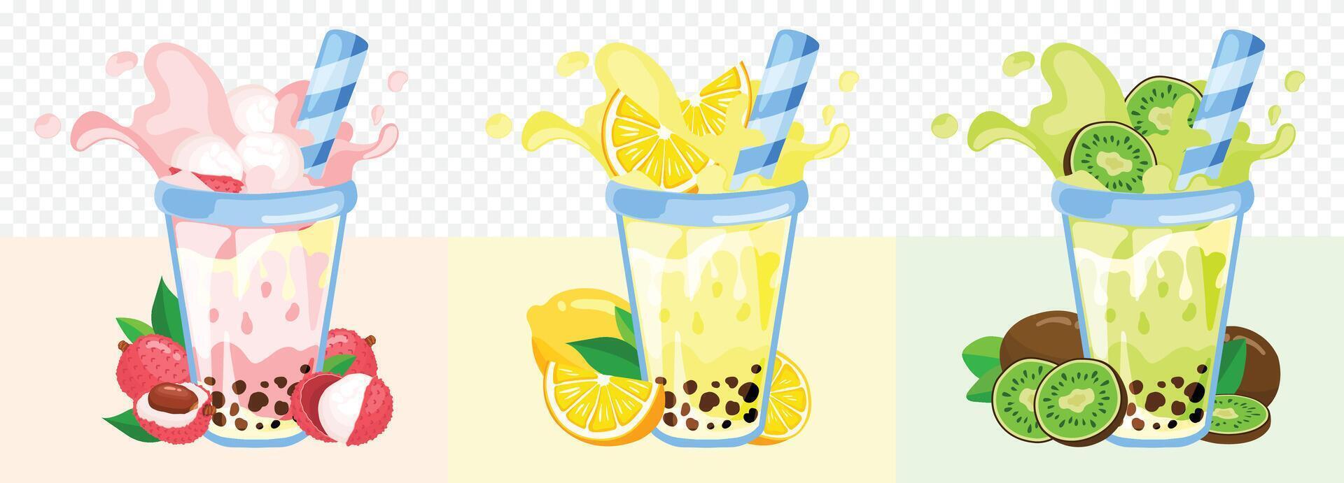 Flat smoothies in blender glass, Lychee Smoothie, Lemon Smoothie and Kiwi Smoothie vector