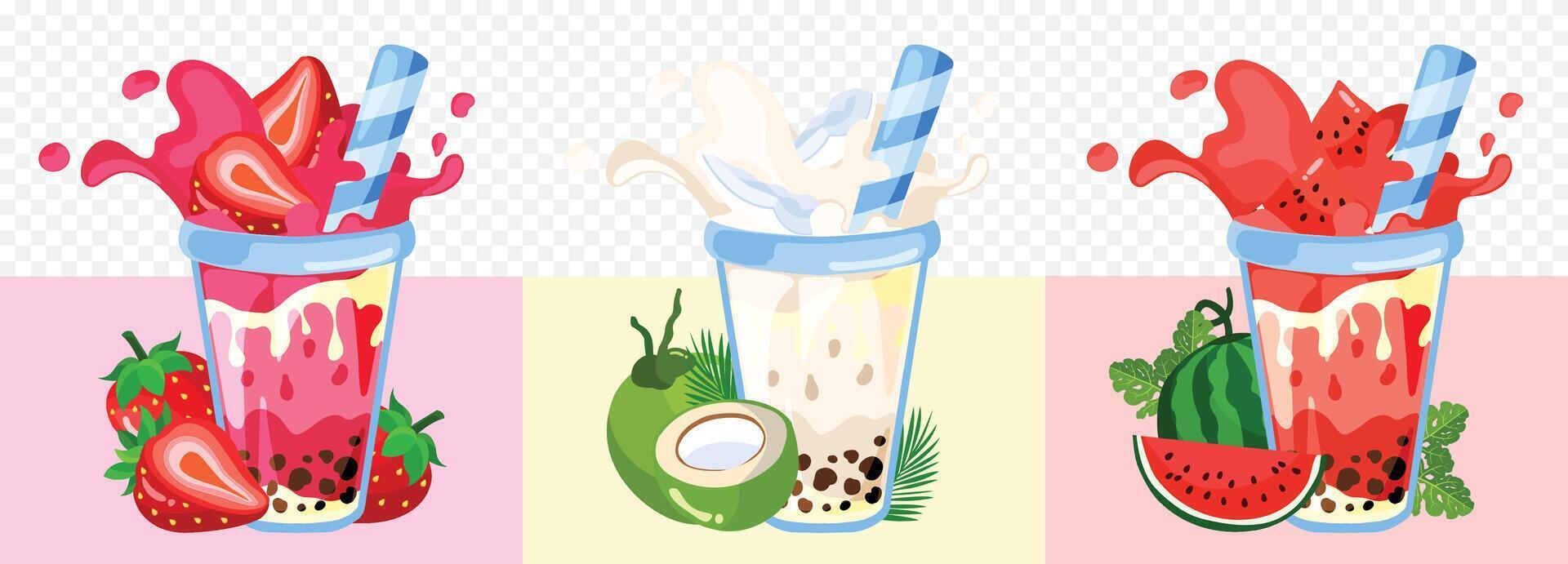 Flat smoothies in blender glass, Strawberry Smoothie, Coconut Smoothie and Watermelon Smoothie vector