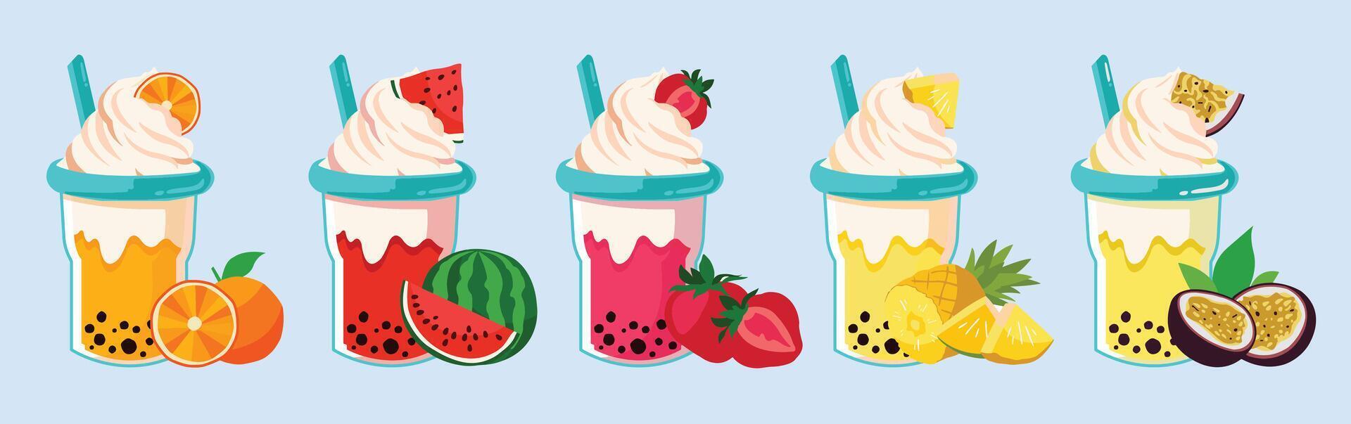Fruit Smoothies, Fruit Juice, Orange Smoothie, Watermelon Smoothie, Strawberry Smoothie, Pineapple Smoothie, Passion Fruit Smoothie, Hand Drawn vector