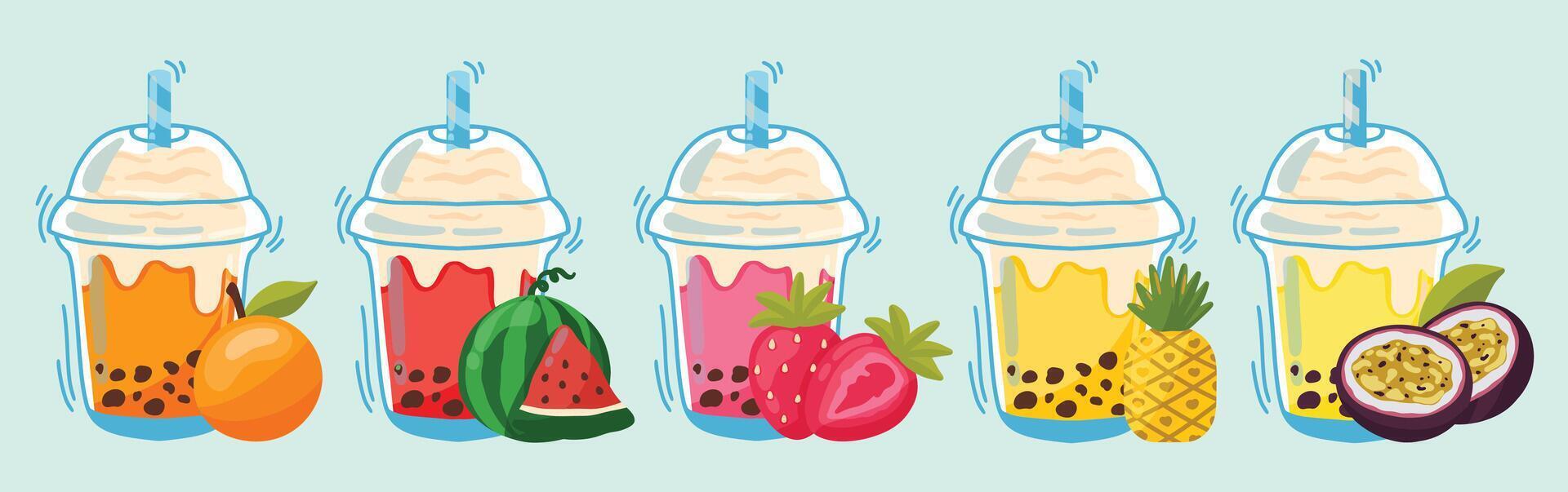Delicious smoothies splashes collection with fruits, Orange Smoothie, Watermelon Smoothie, Strawberry Smoothie, Pineapple Smoothie, Passion Fruit Smoothie vector