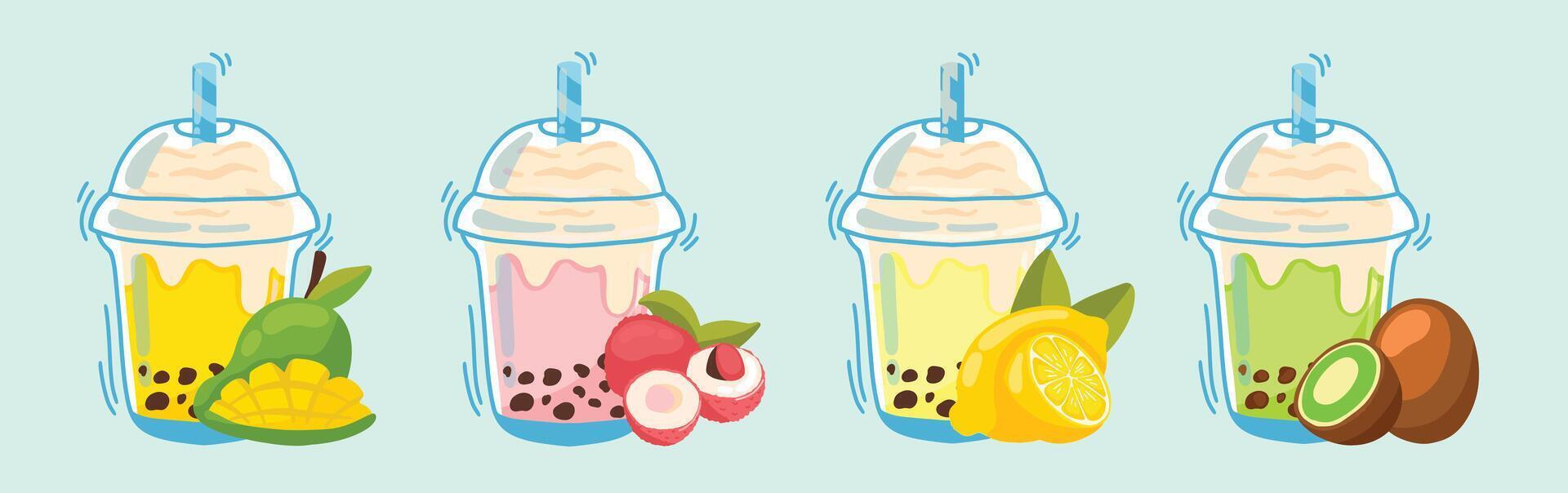 Delicious smoothies splashes collection with fruits, Mango Smoothie, Lychees Smoothie, Lemon Smoothie, Kiwi Smoothie vector