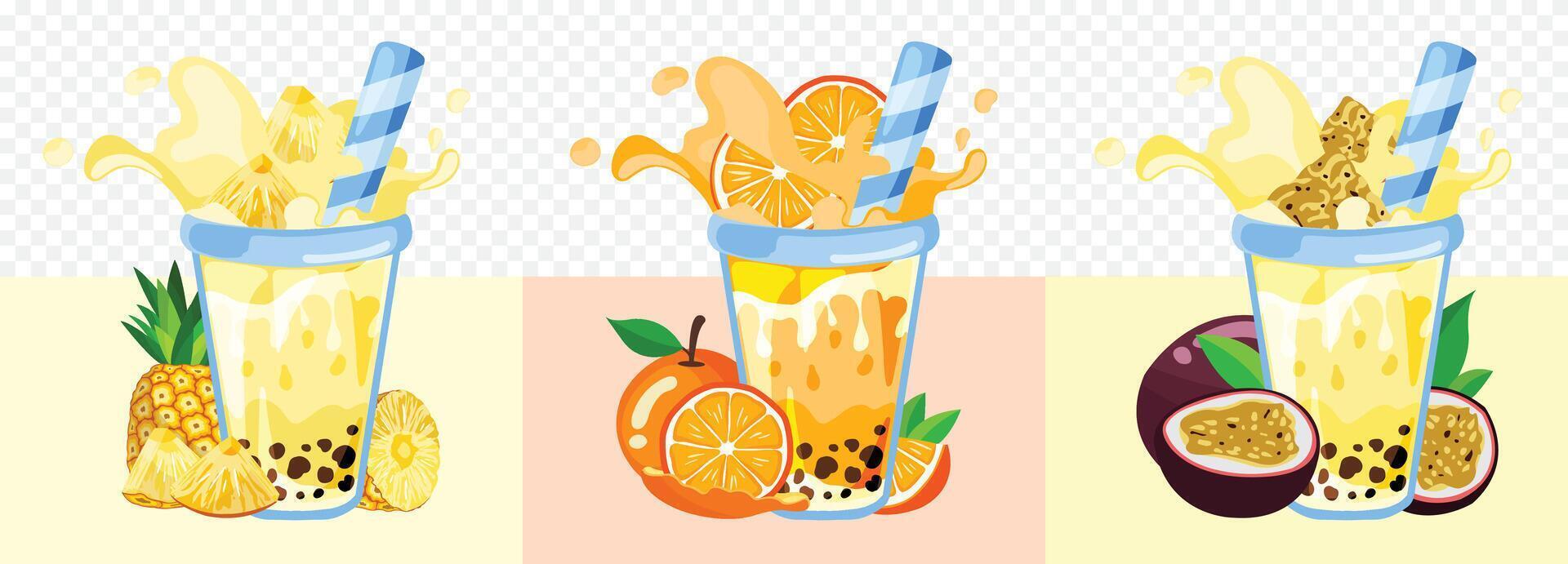 Flat smoothies in blender glass, Pineapple Smoothie, Orange Smoothie and Passion Fruit Smoothie vector