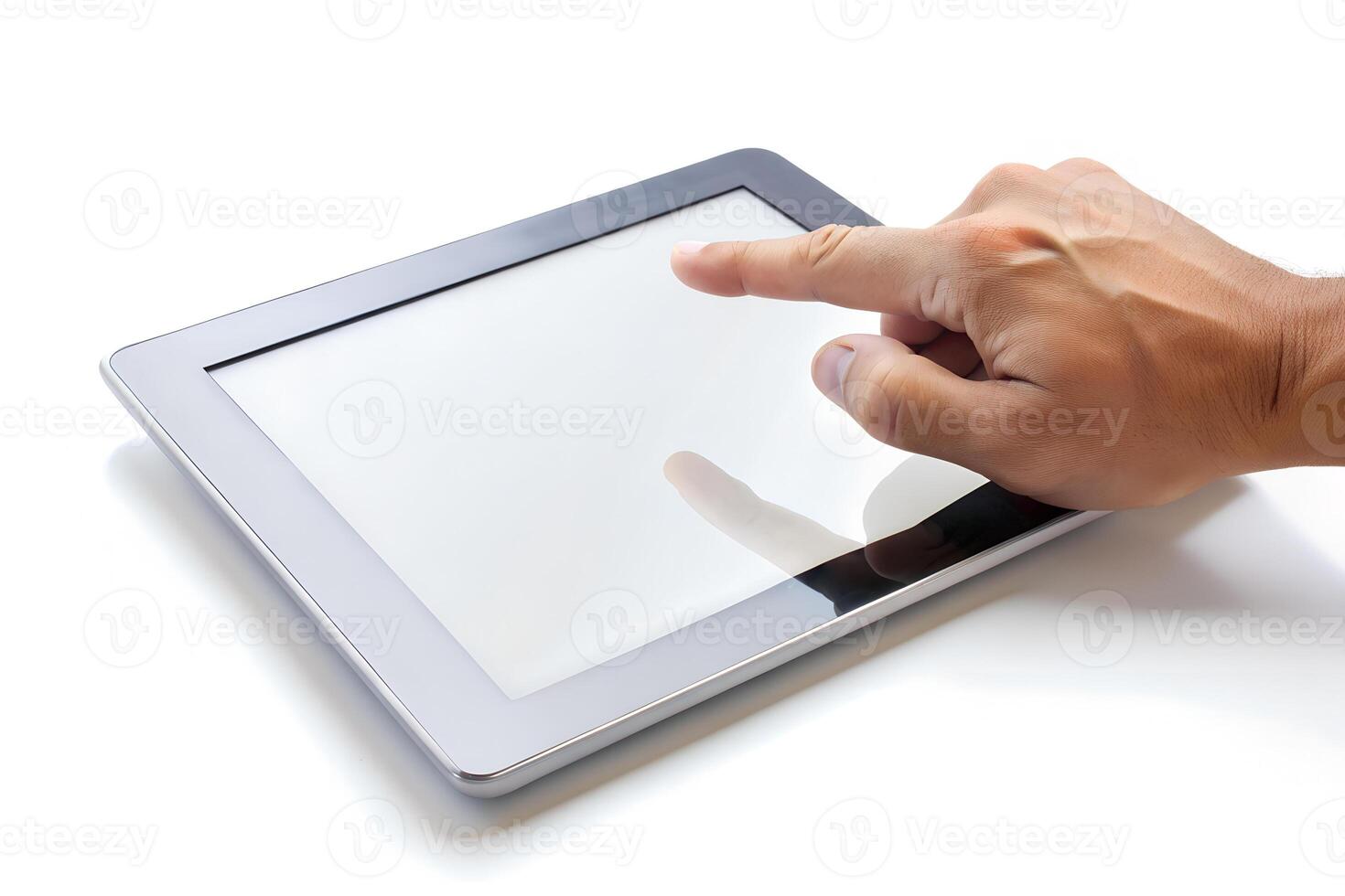 close-up hand touching white screen tablet isolated on white background photo