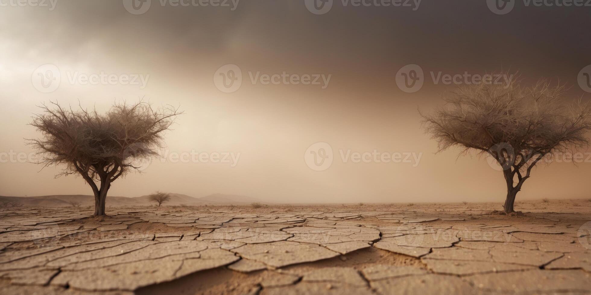 Approaching dust storm over cracked desert landscape. photo