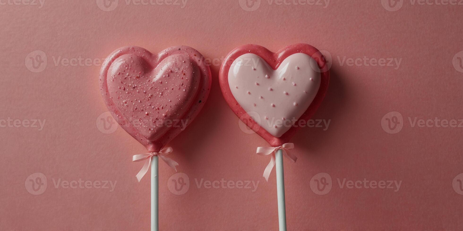 Heart shaped lollipops with a white stick on a pink background Minimal Valentines or love concept Flat lay. photo