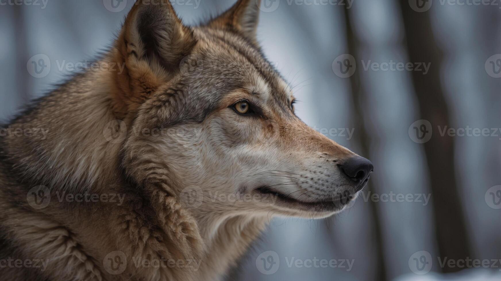 A tight shot of a wolf's face with a blurred background. photo