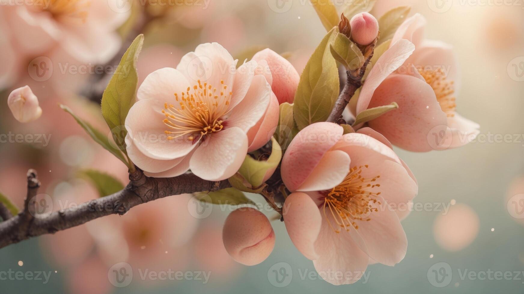 peach fuzz background with blooming peach branch. photo