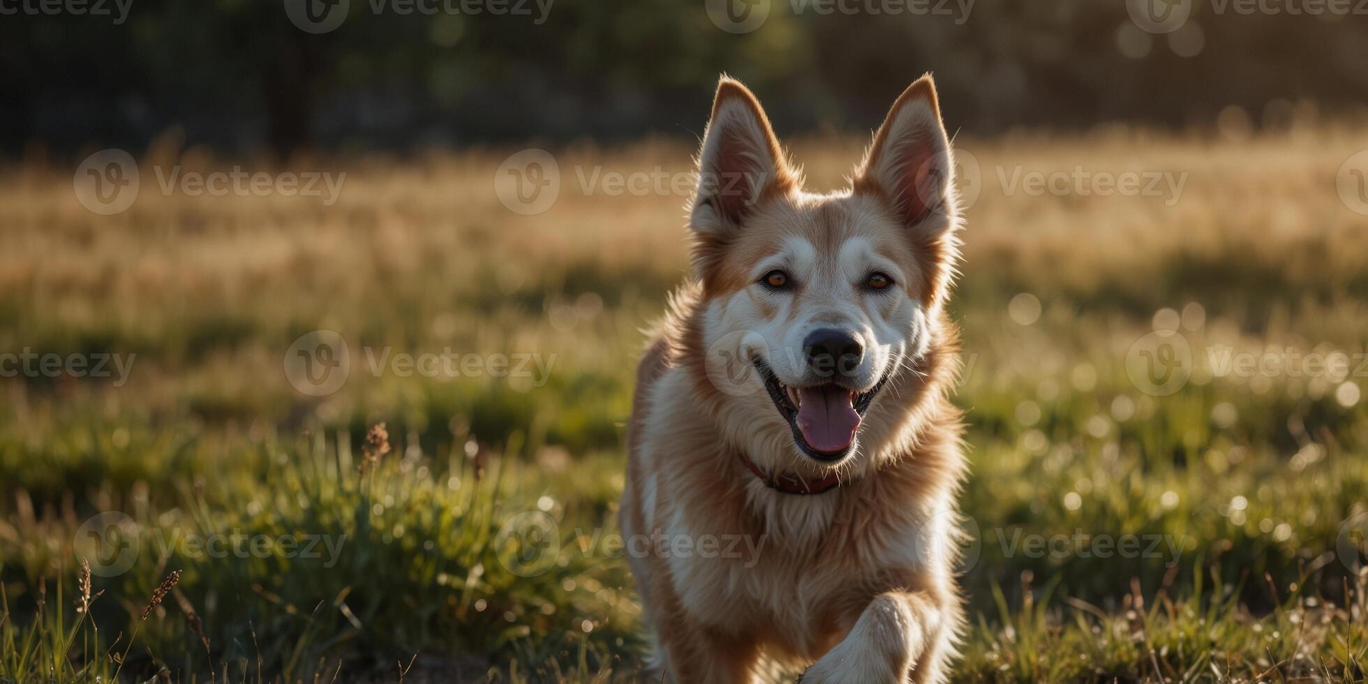 Happy dog running with ears flapping and tongue out in sunny field. photo
