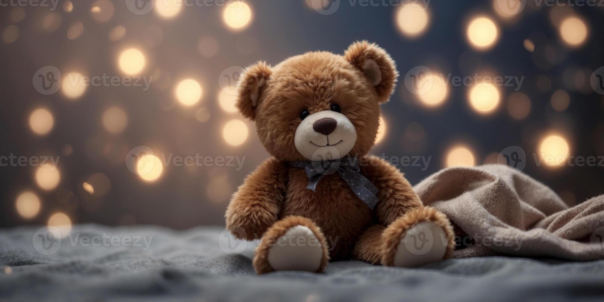 Dreamy night scene with teddy bear and crescent moon. photo
