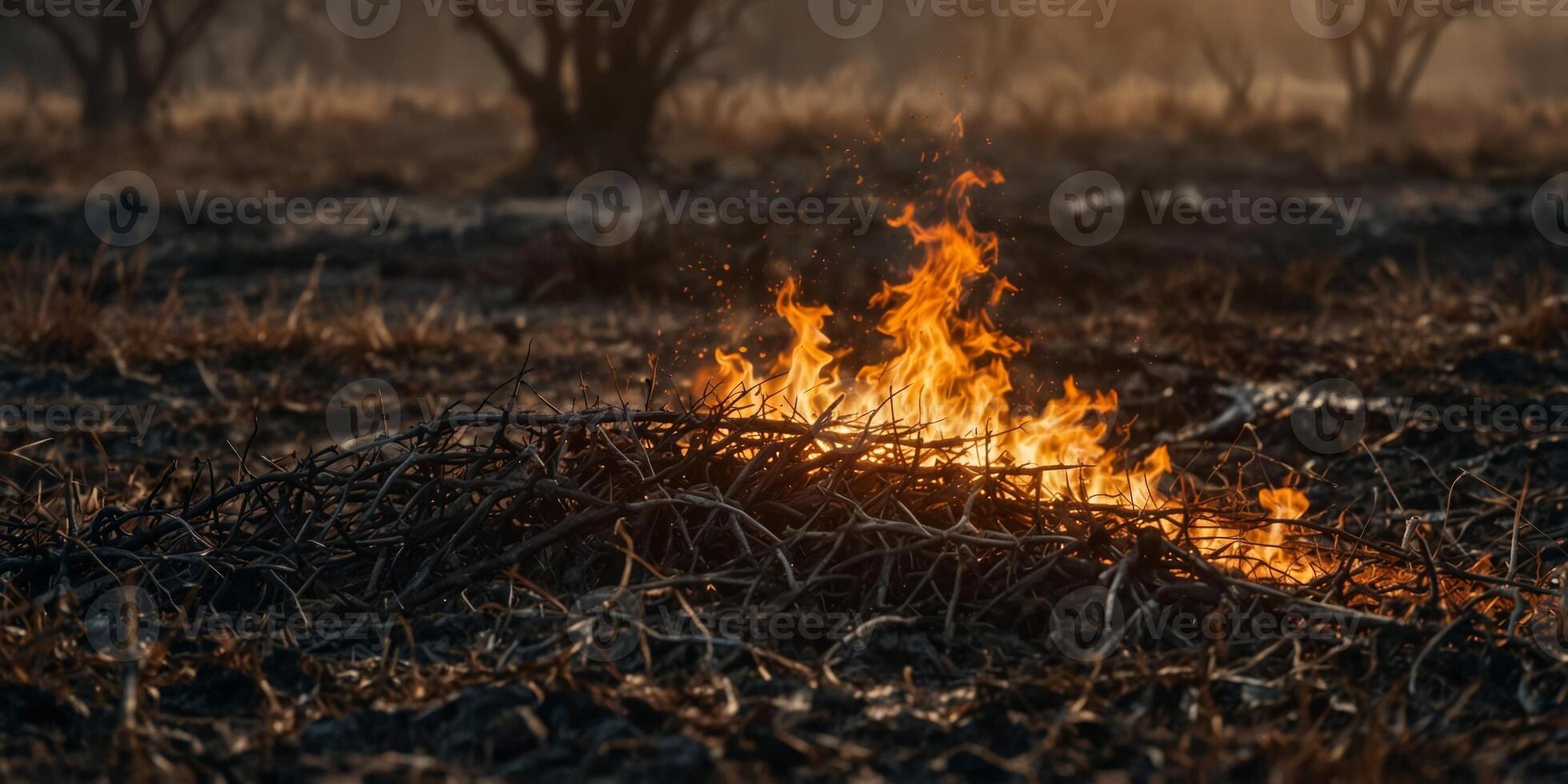 Drought caused dry grass to catch fire in a farm field The fire destroyed crops and burned the grass Deforestation and global warming contribute to these fires. photo