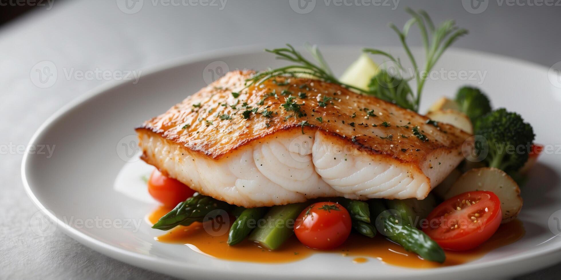 Gourmet grilled cod fish fillet with fresh vegetables on a white plate. photo