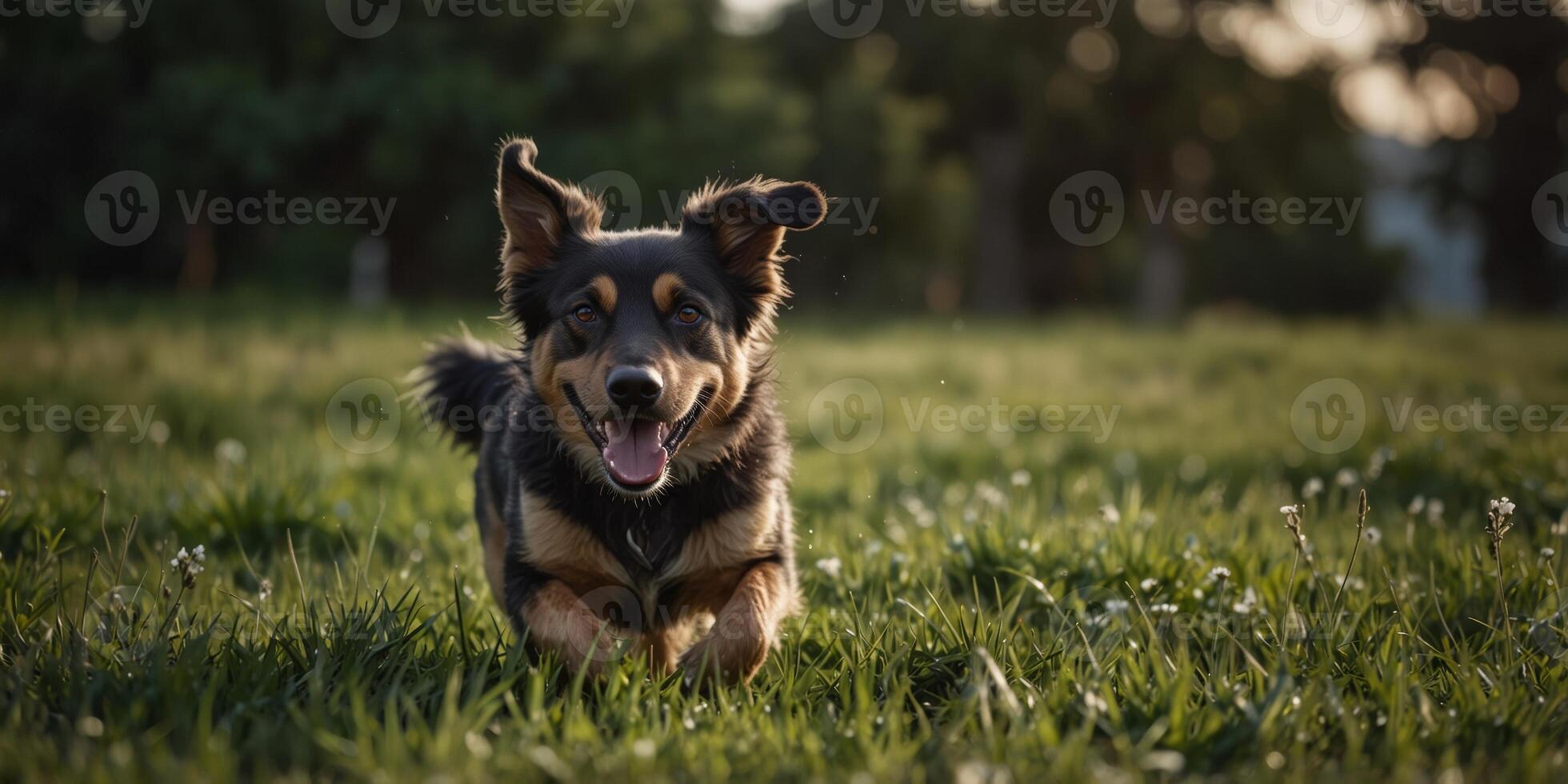 Happy Dog Running Through Lush Field with Ears Flapping and Tongue Out. photo