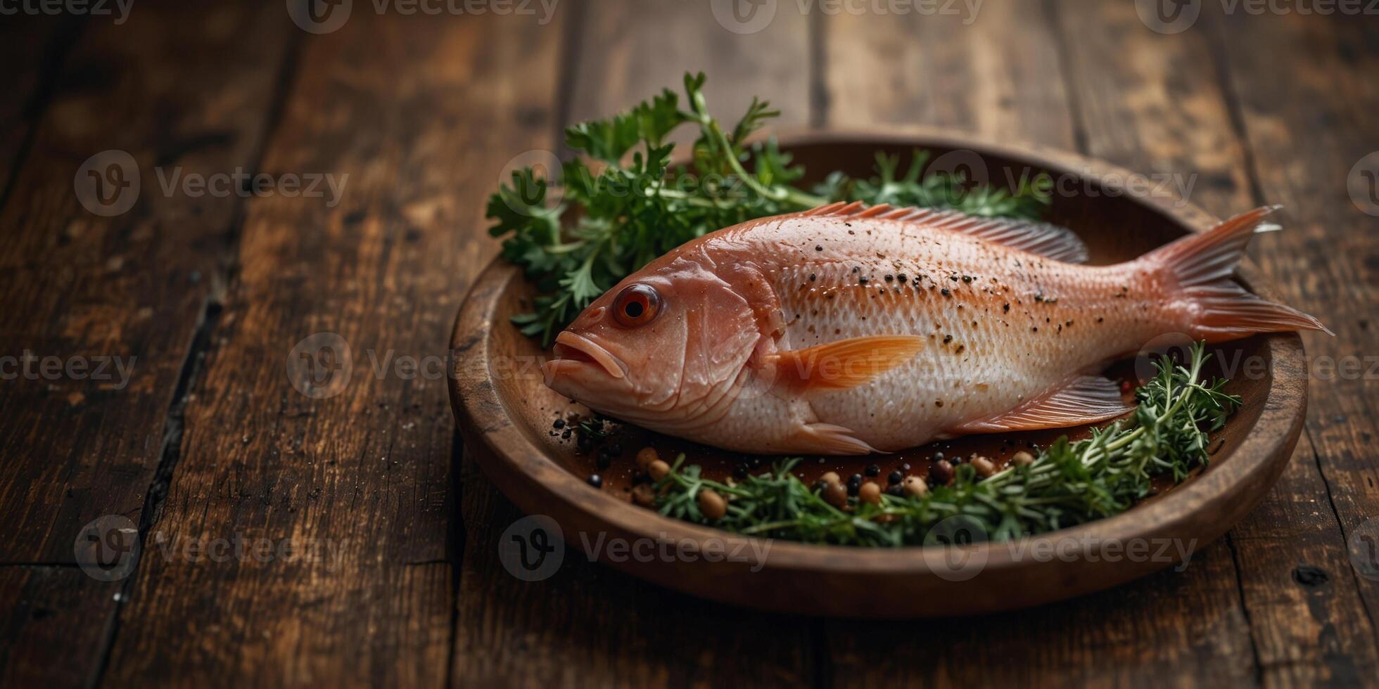 Fresh snapper fish with herbs and spices on wooden background. photo