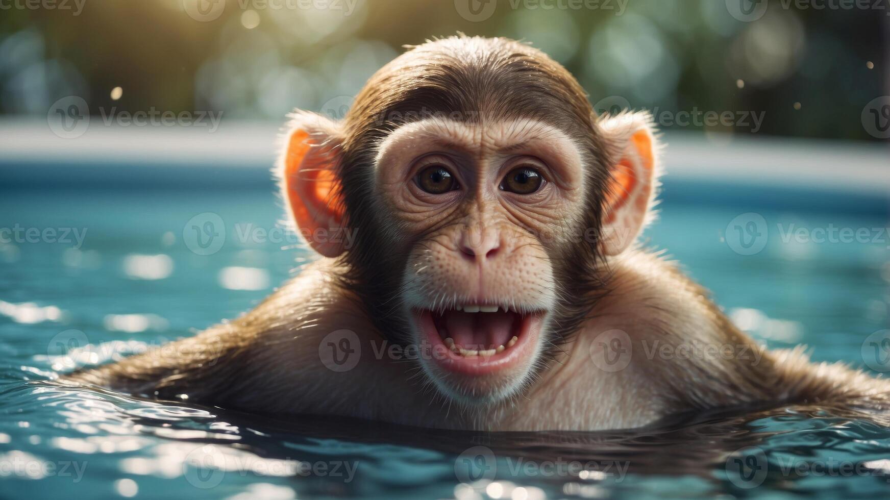 Cheerful monkey enjoying summer fun in a swimming pool. photo