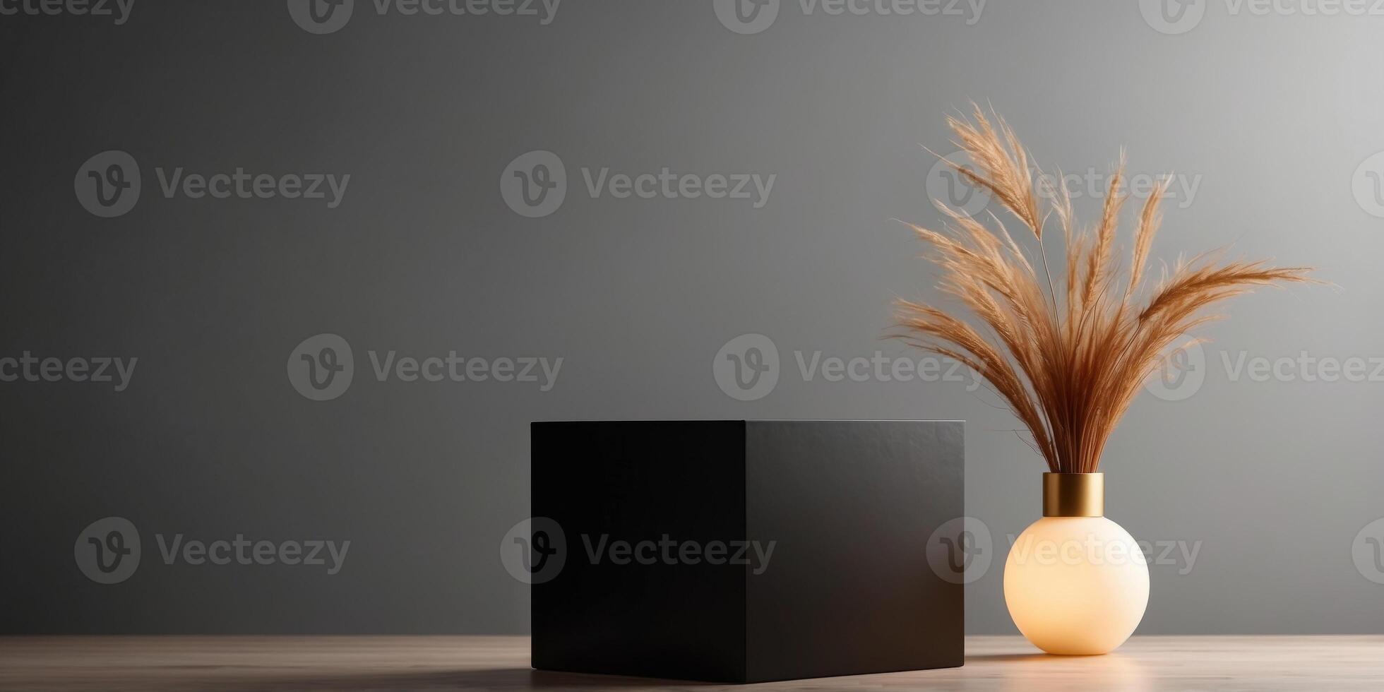 Modern Geometric Black Podium in Soft Illumination for Marketing Visuals. photo