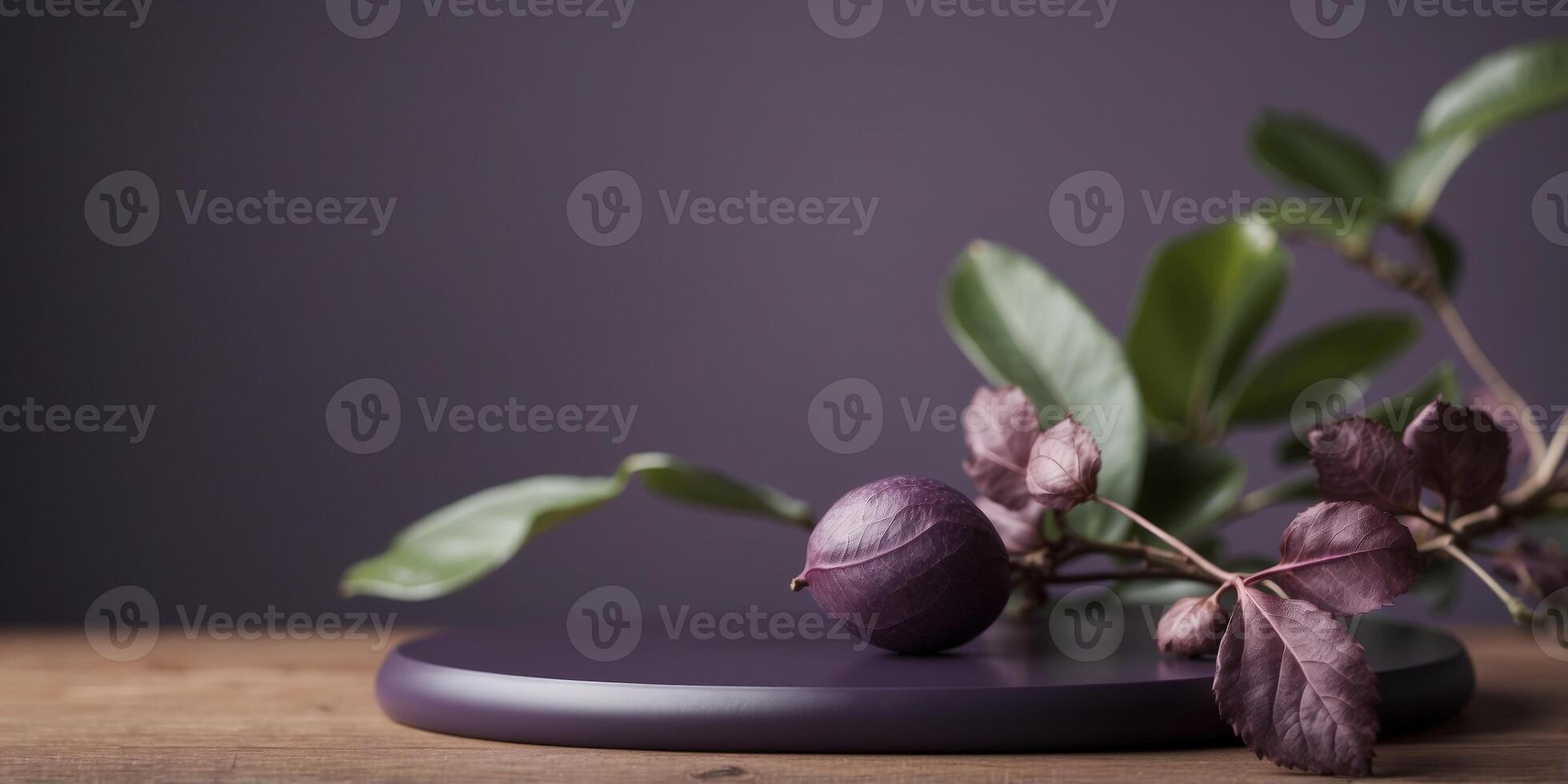 purple studio with round platform and leaf. photo