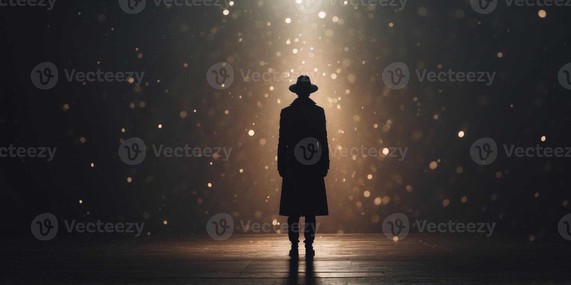 Mysterious whimsical character standing in atmospheric spotlight. photo