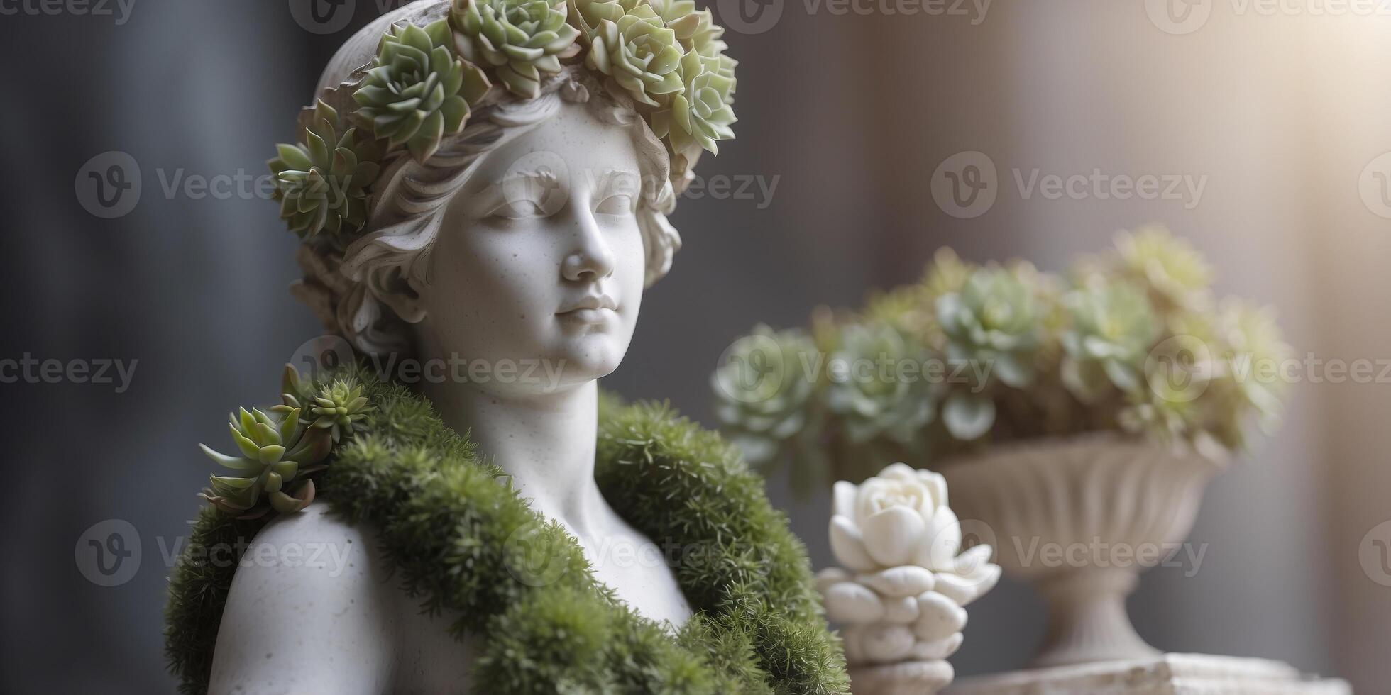 Serene marble statue adorned with succulent wreath. photo