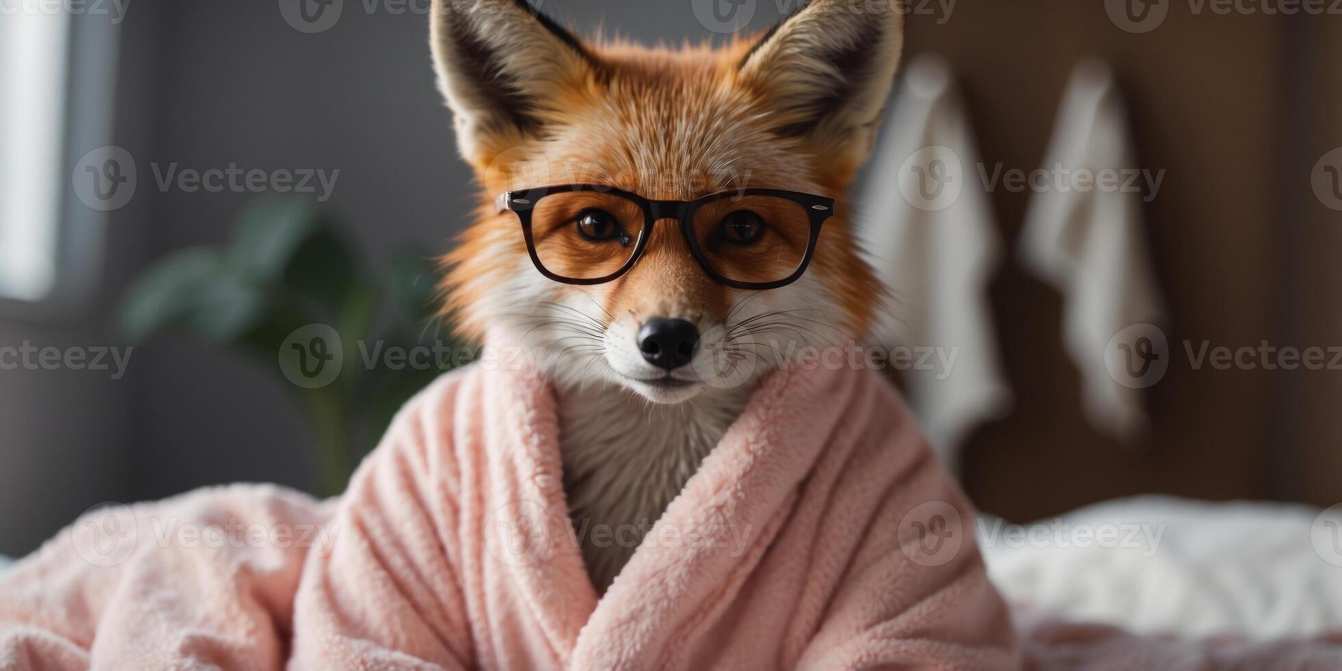 Relaxed fox wearing glasses and a cozy pink bathrobe. photo