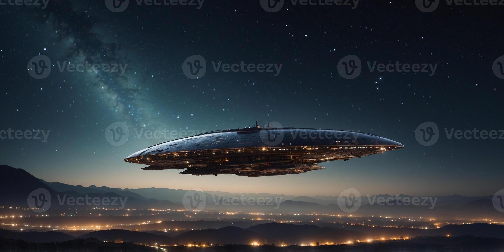 Mysterious spaceship hovering over night earth landscape. photo