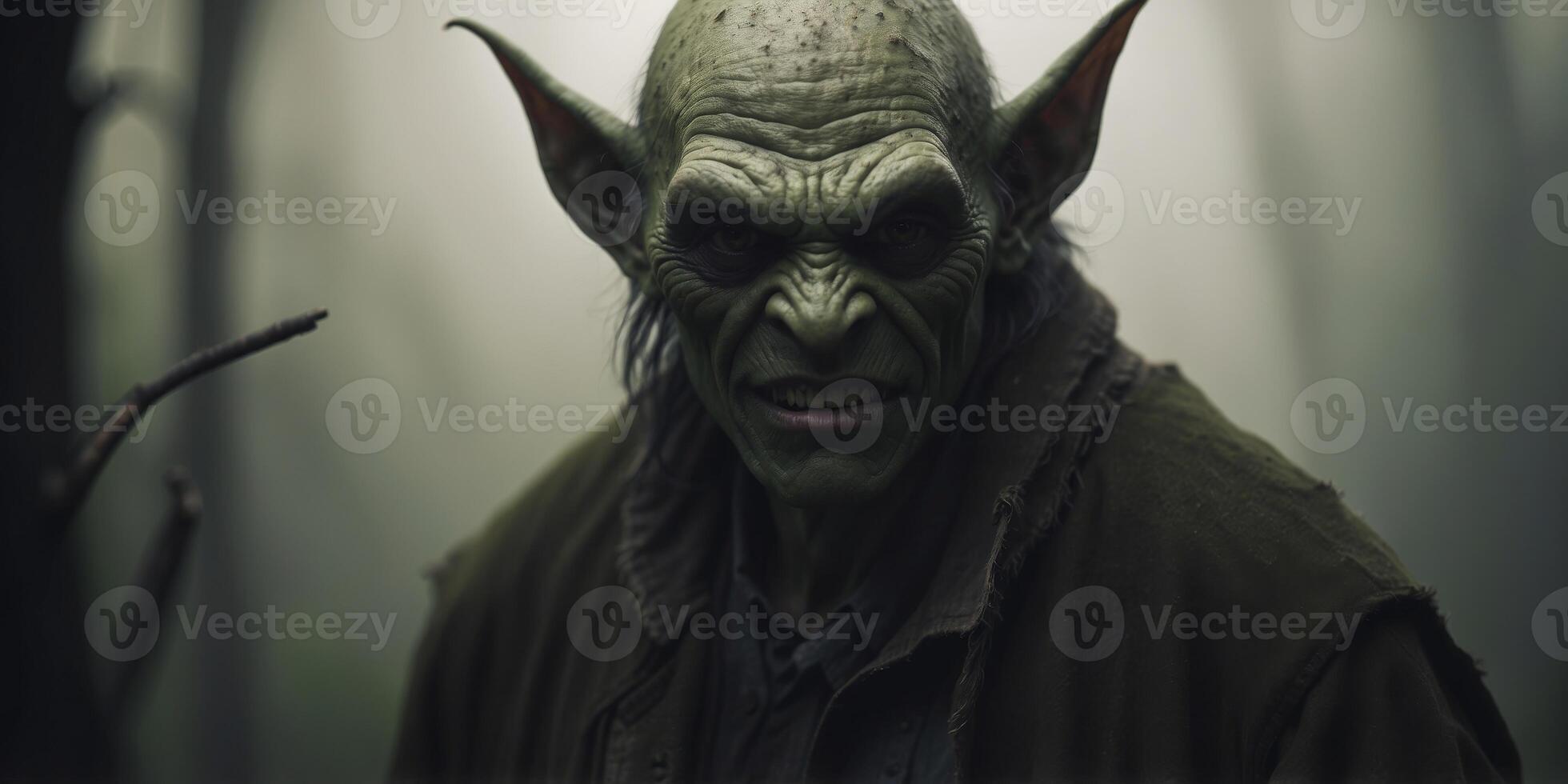 Sinister Goblin with Sharp Features Emerging from Misty Woodland Shadows. photo