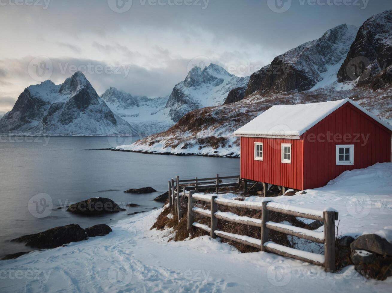 Snowy scene in Lofoten with a red fishing cabin and fence. photo