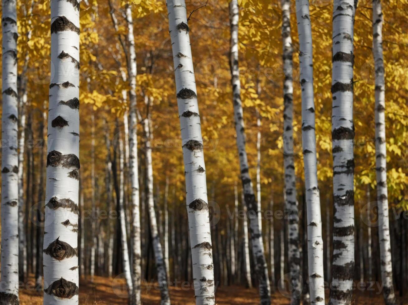 Serene birch forest in autumn with golden leaves and soft light. photo