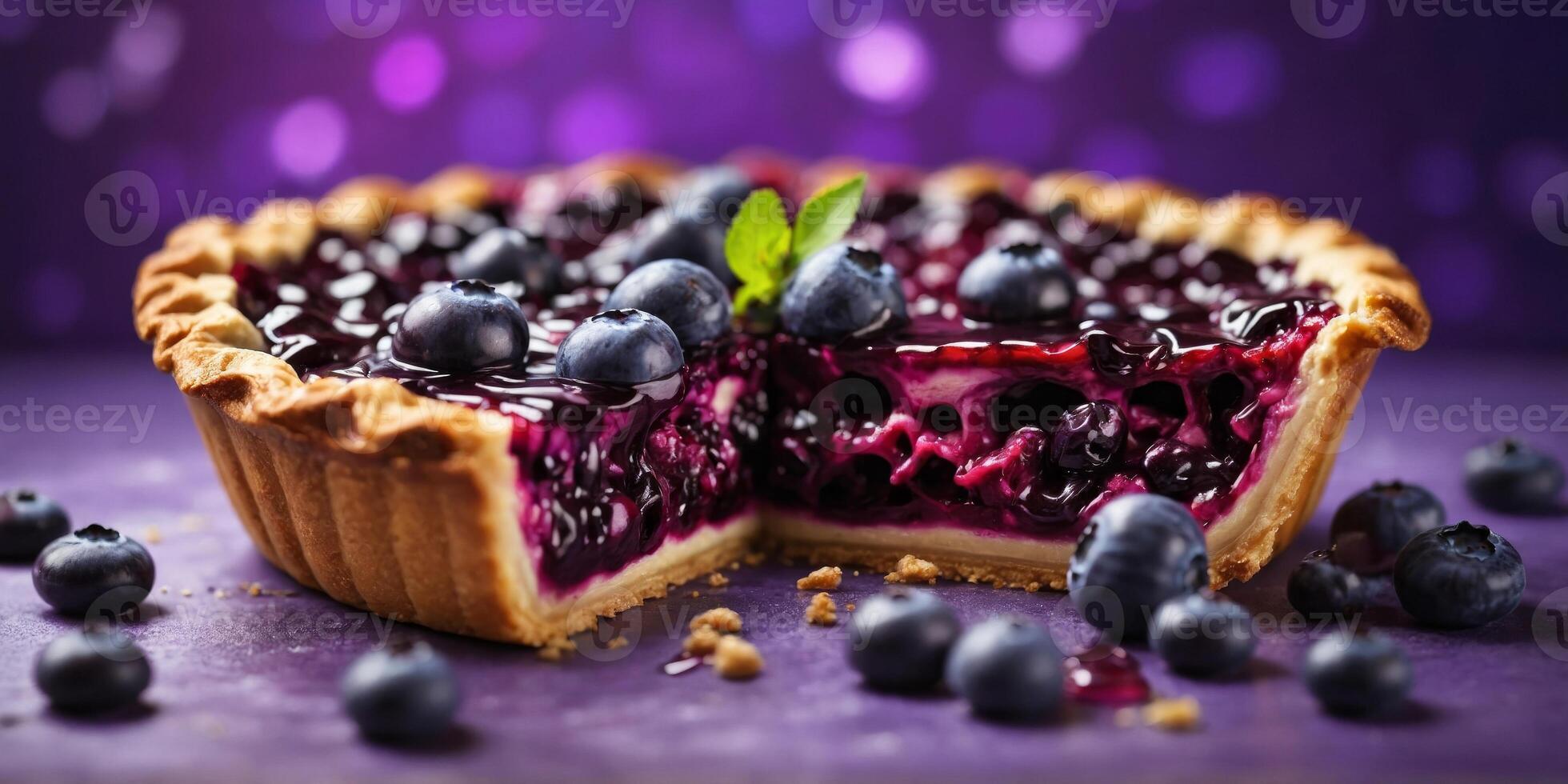 Slice of blueberry fruit pie on violet background. photo