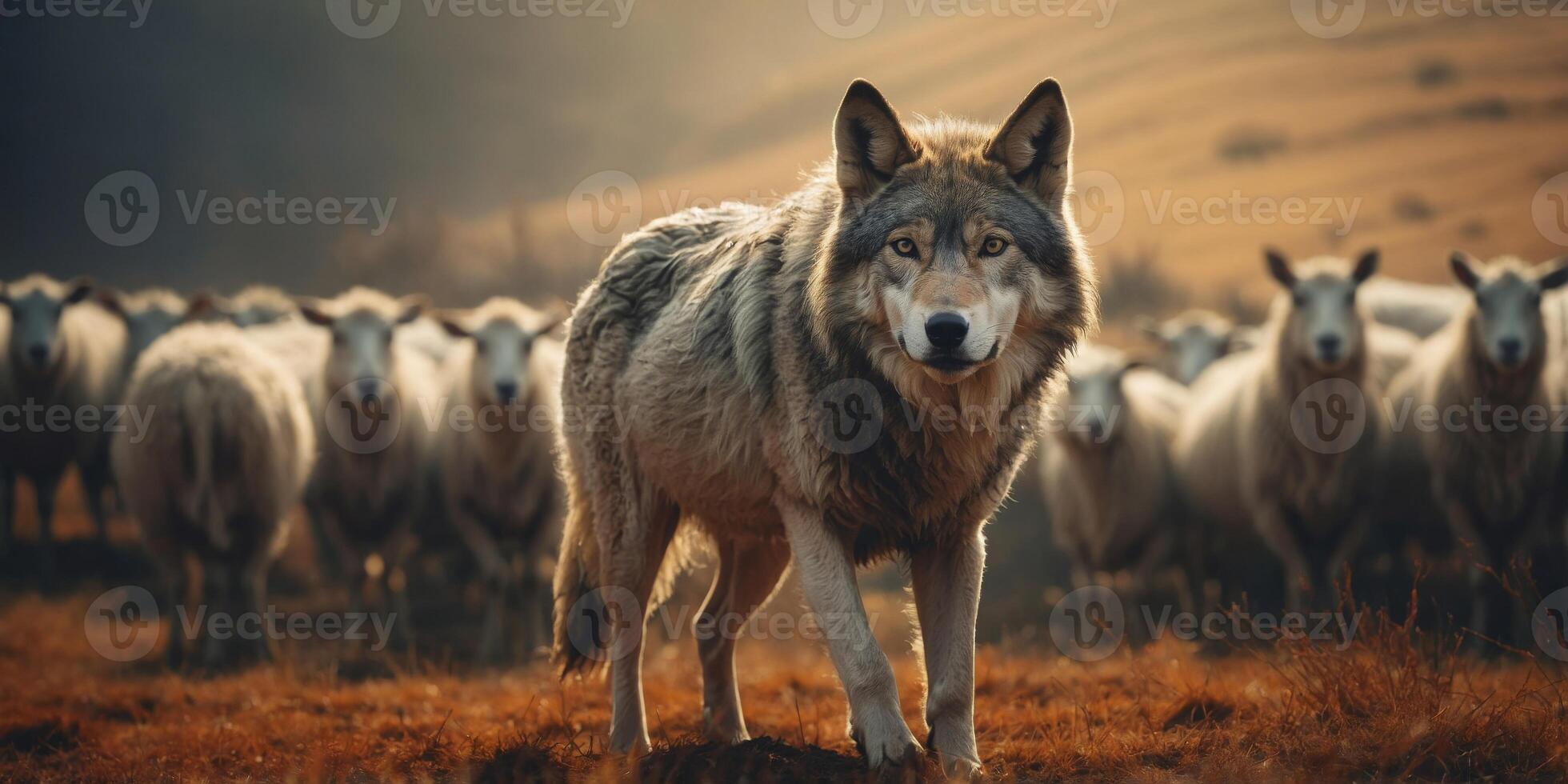 Wild wolf in front of herd of livestock sheep. photo