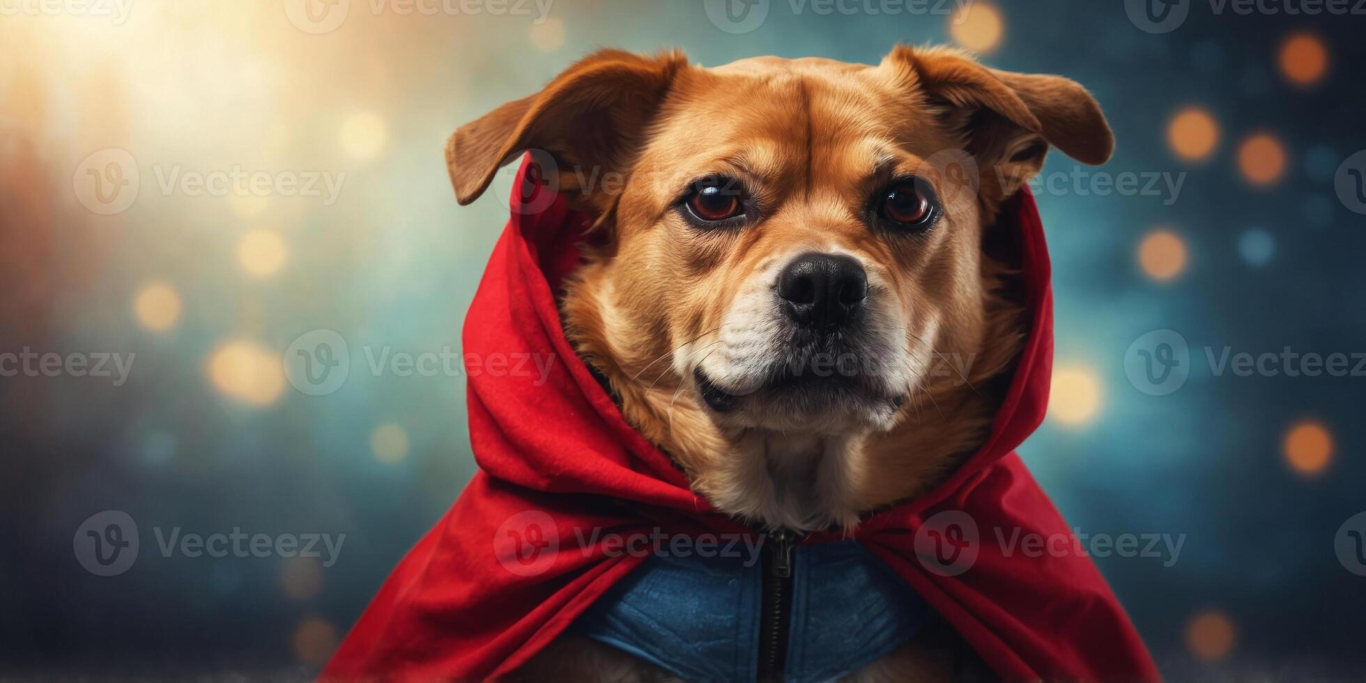 A playful dog dressed up as a superhero with a red cape and mask. photo