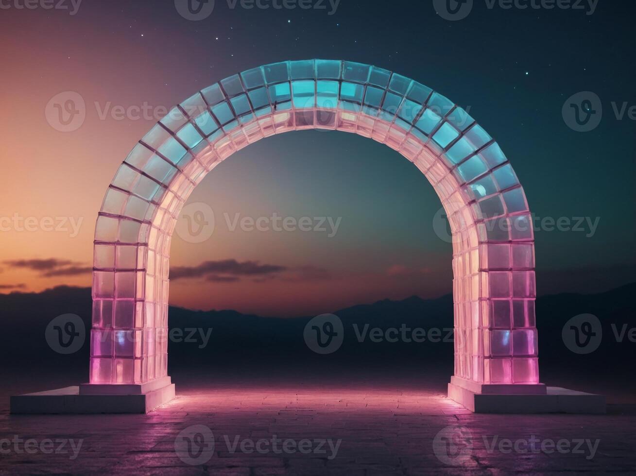 Neon-lit archway leading to a bright horizon Minimalist and modern design with pastel hues. photo