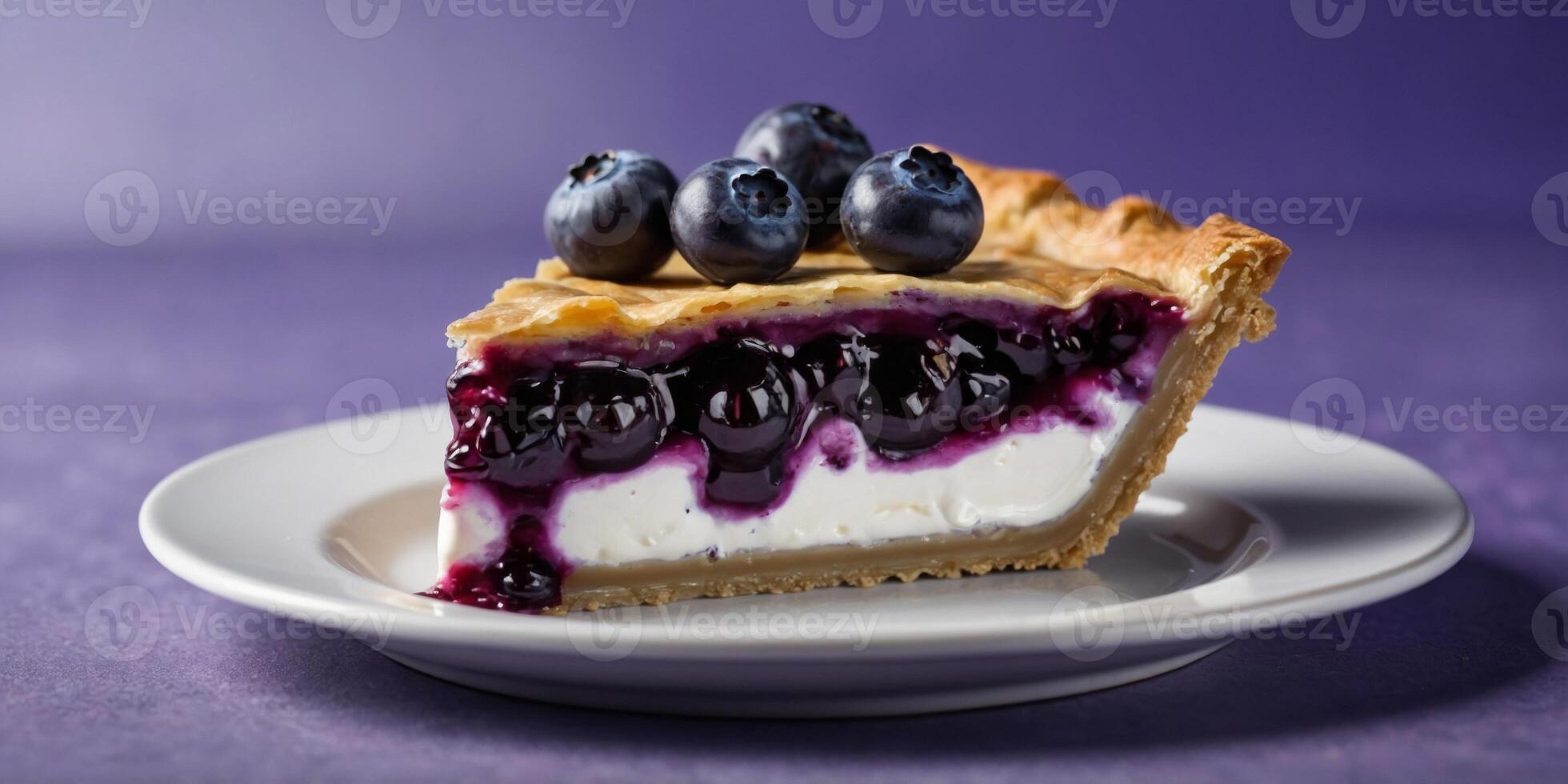 Slice of blueberry fruit pie with cream on violet background. photo