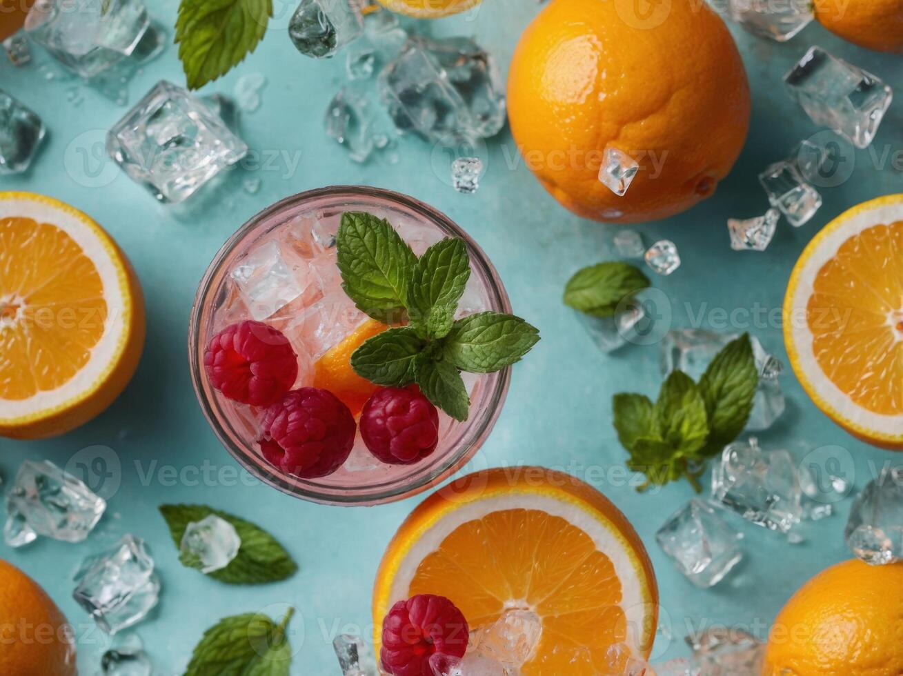 Refreshing berry-orange lemonade with mint and ice. photo