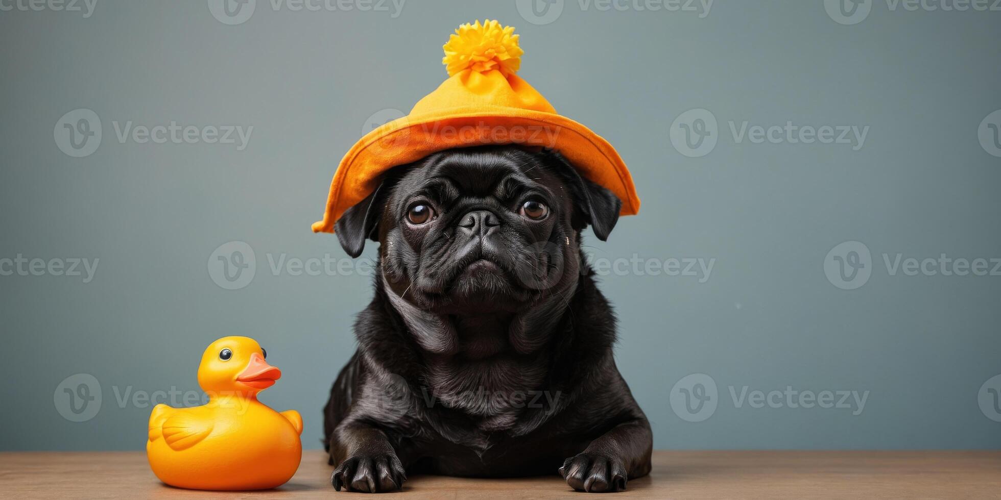Black pug dog with rubber duck on head in front of orange studio background with copy space. photo