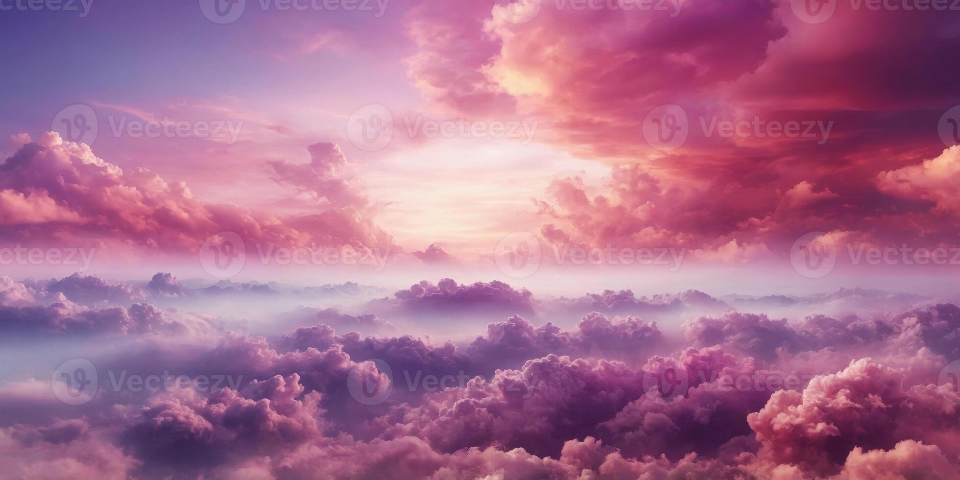 Beautiful view at pink sky above fluffy purple clouds. photo