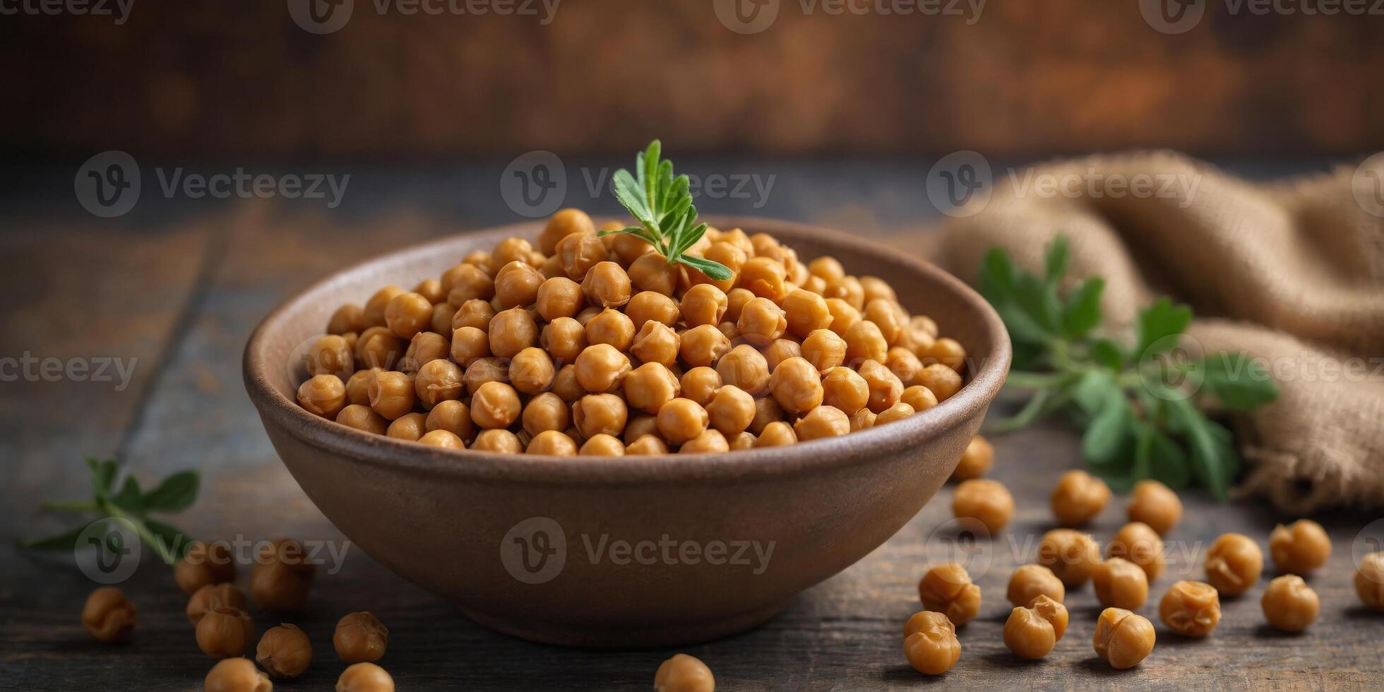 Bowl of chickpeas on a rustic surface with burlap. photo