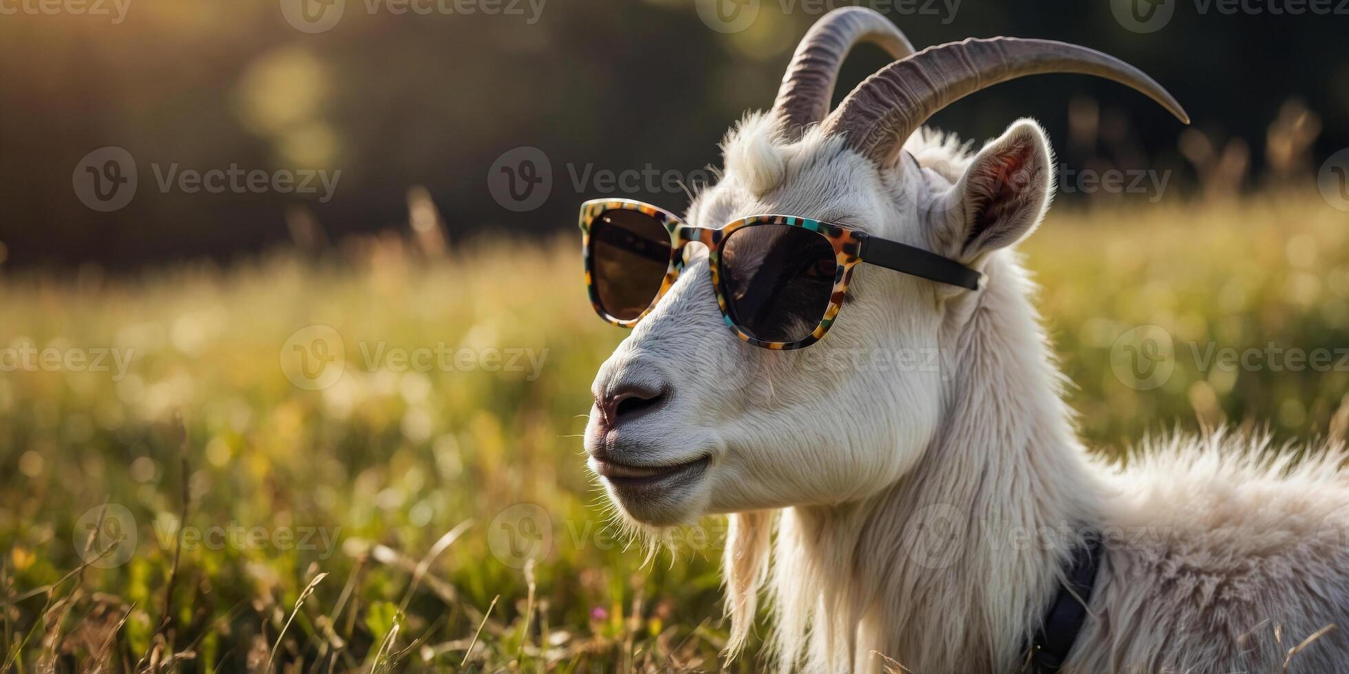 A goat wearing trendy sunglasses relaxes in a sunny meadow. photo