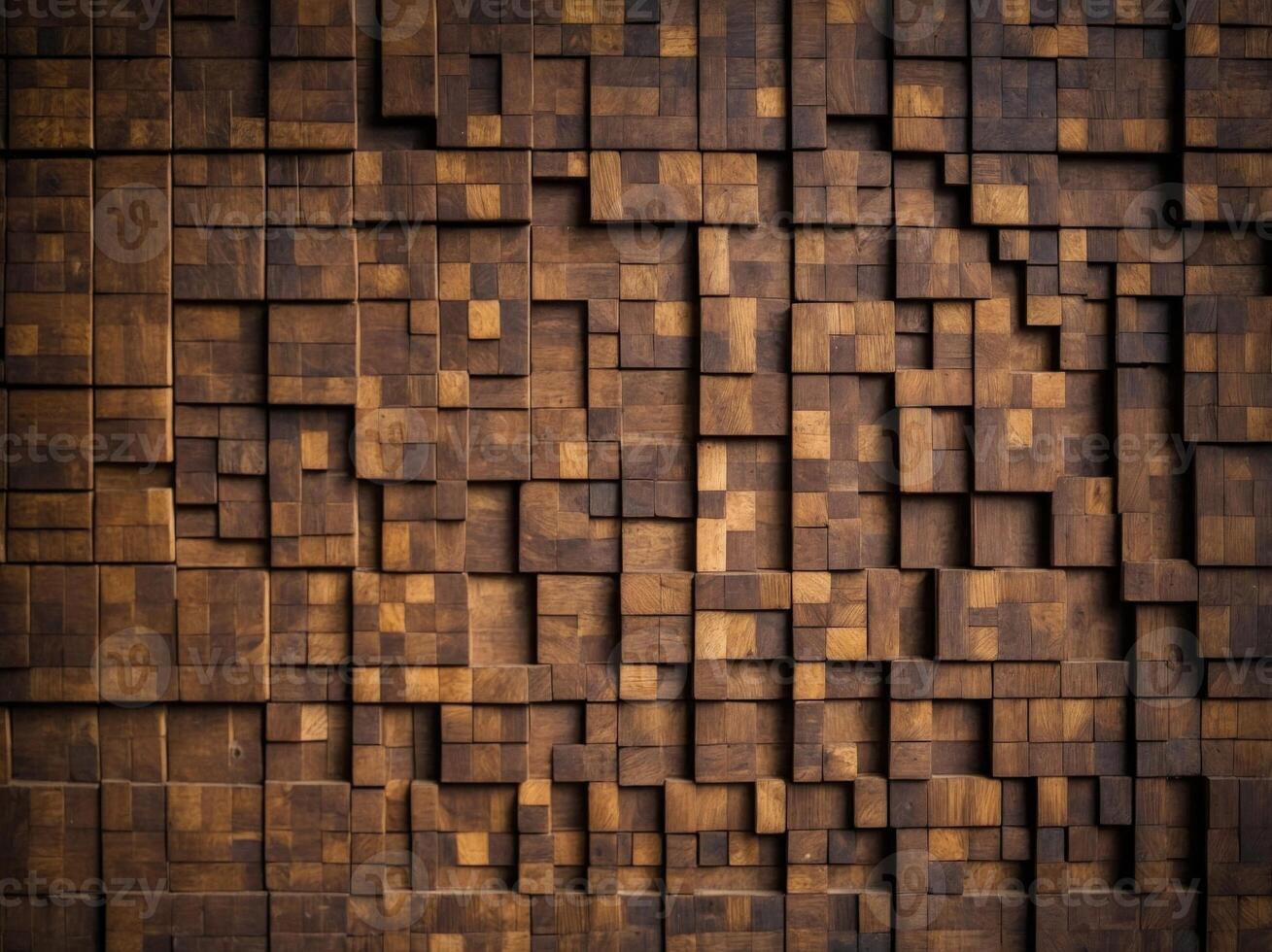 Rustic wooden wall panel with square blocks. photo