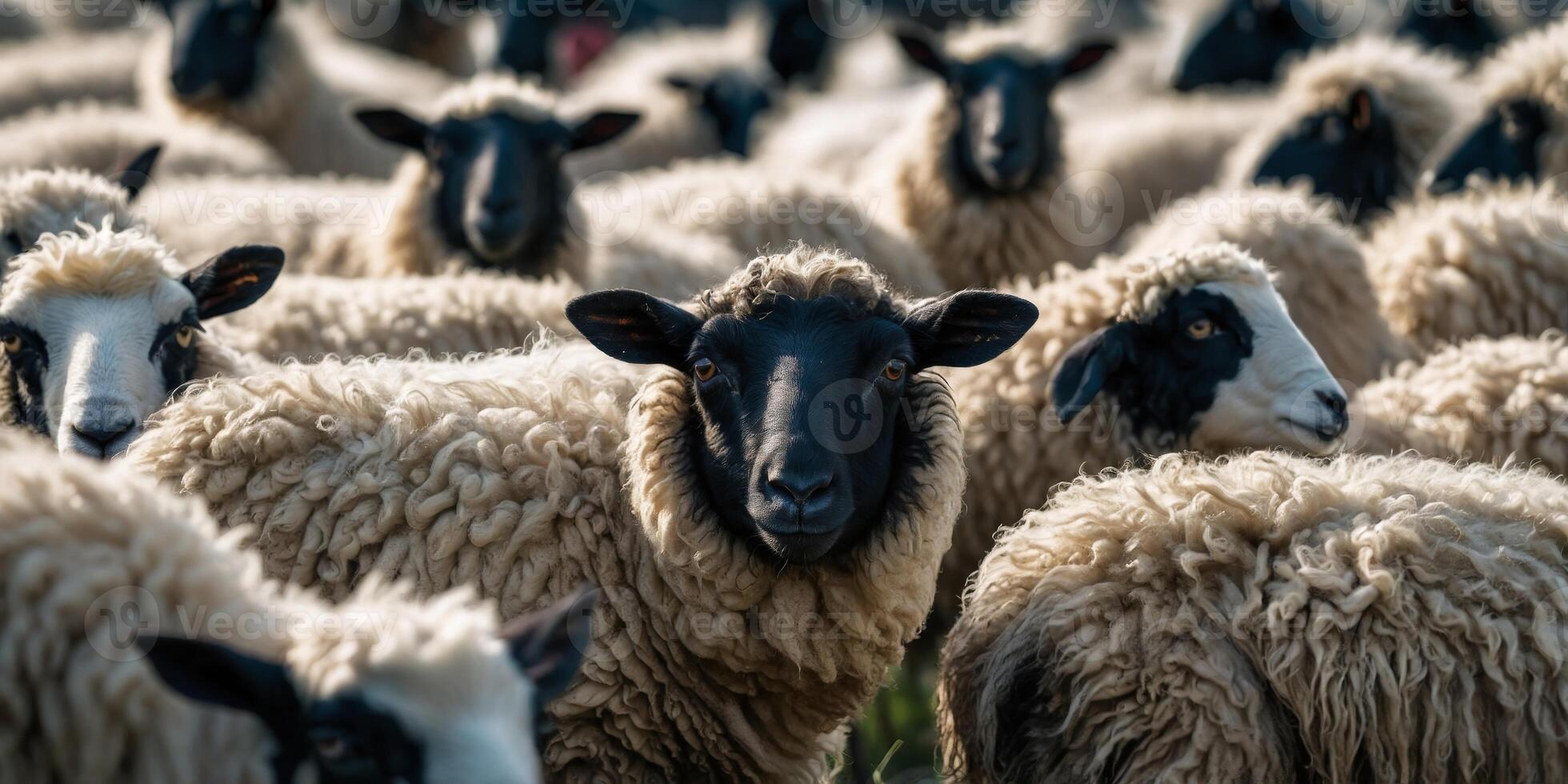 Close up of black sheep between flock of white sheep. photo