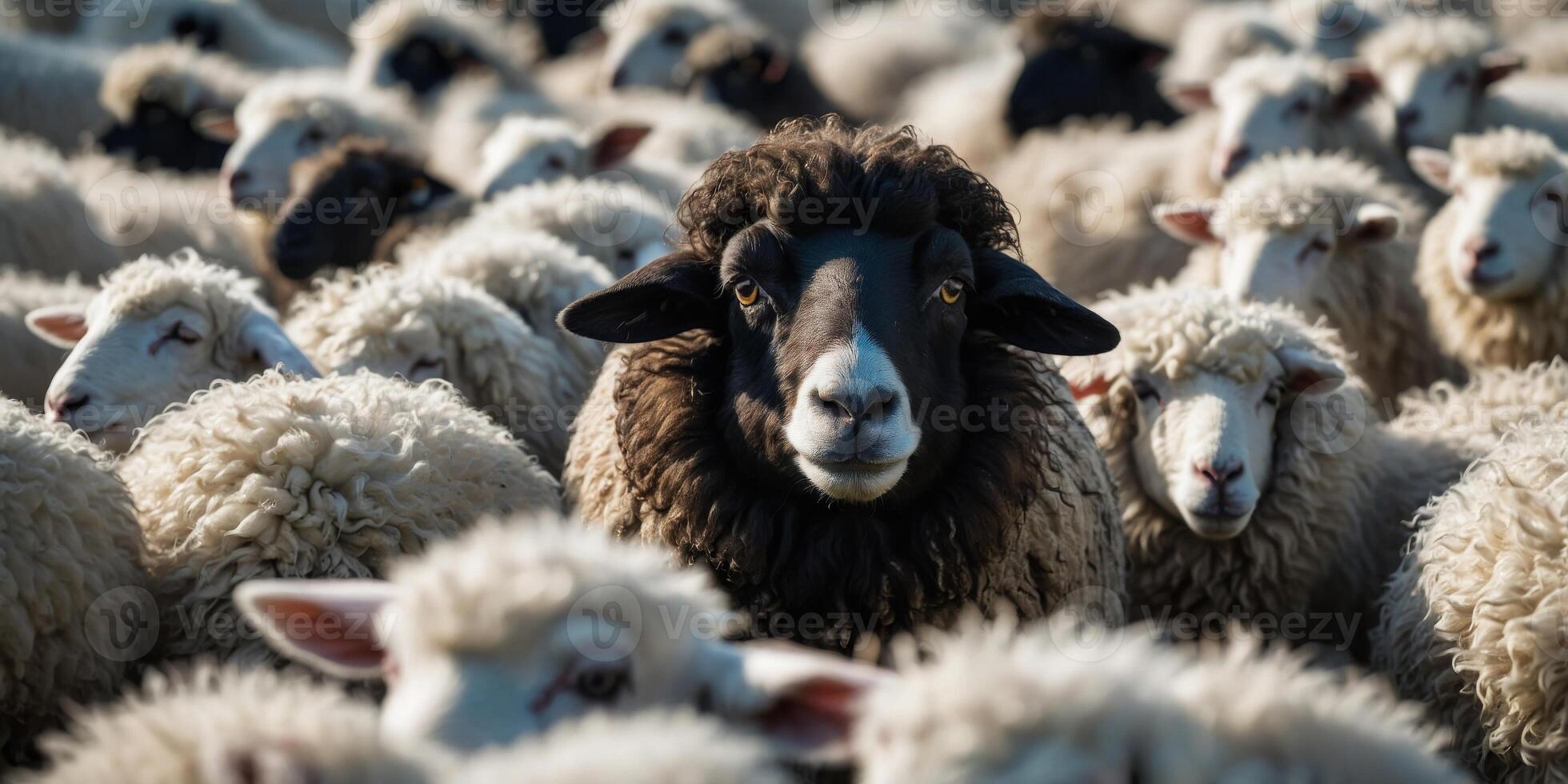 Close up of black sheep between flock of white sheep. photo